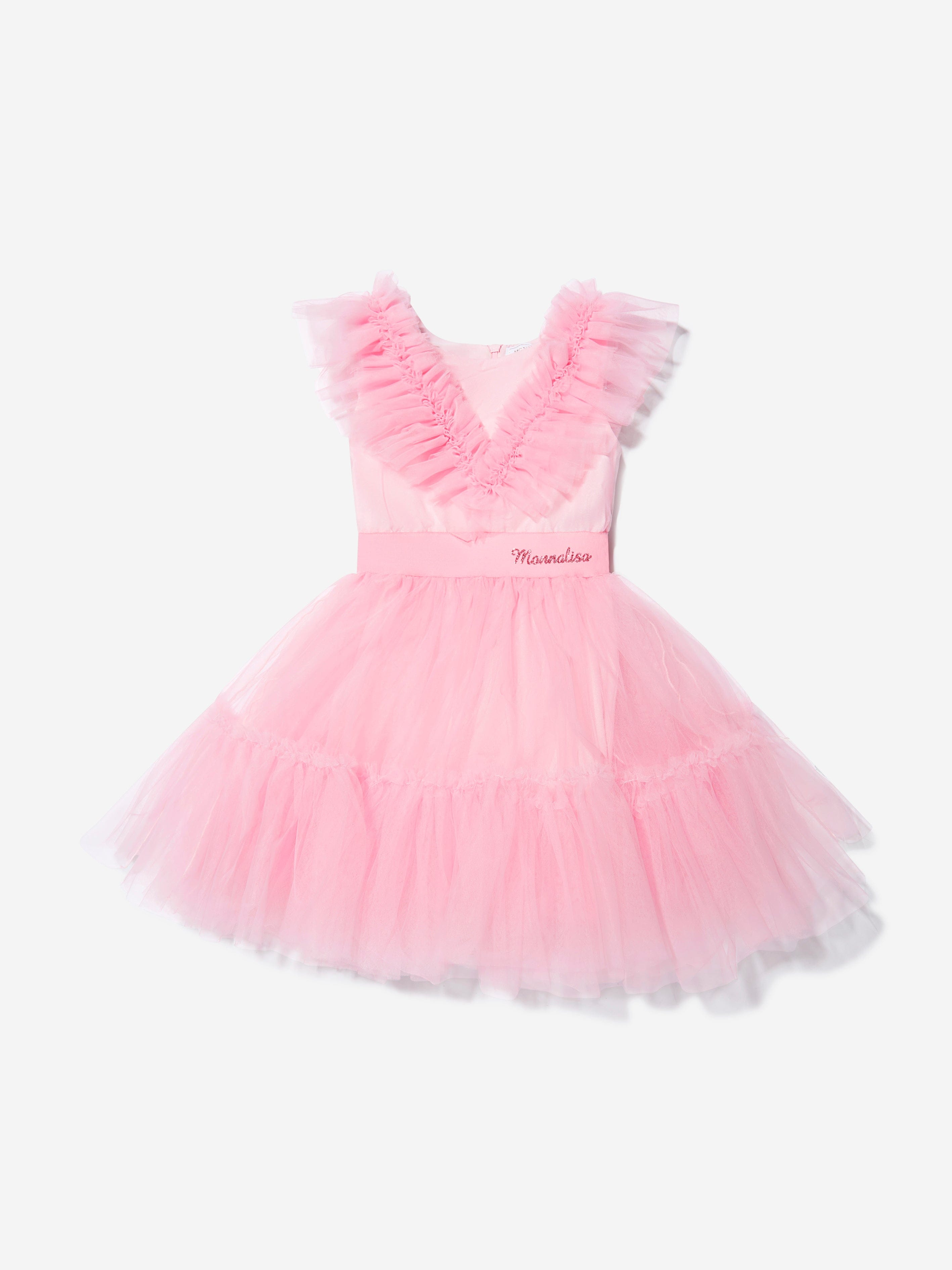 Monnalisa Girls Ruched Tulle Dress in Pink