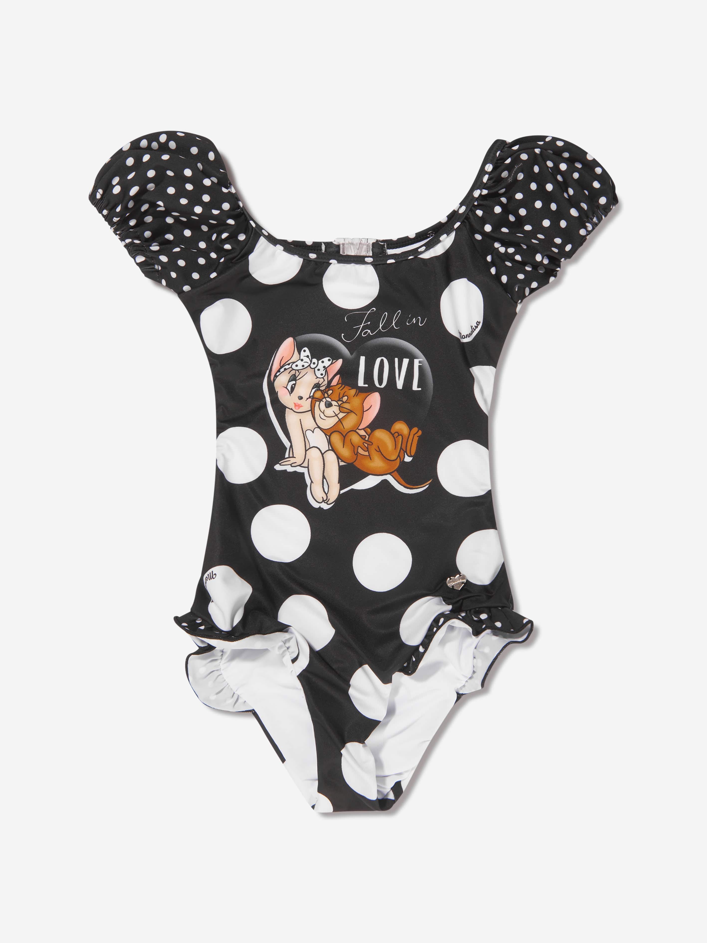 Monnalisa Girls Jerry And Cherie Polka Dot Swimsuit in Black