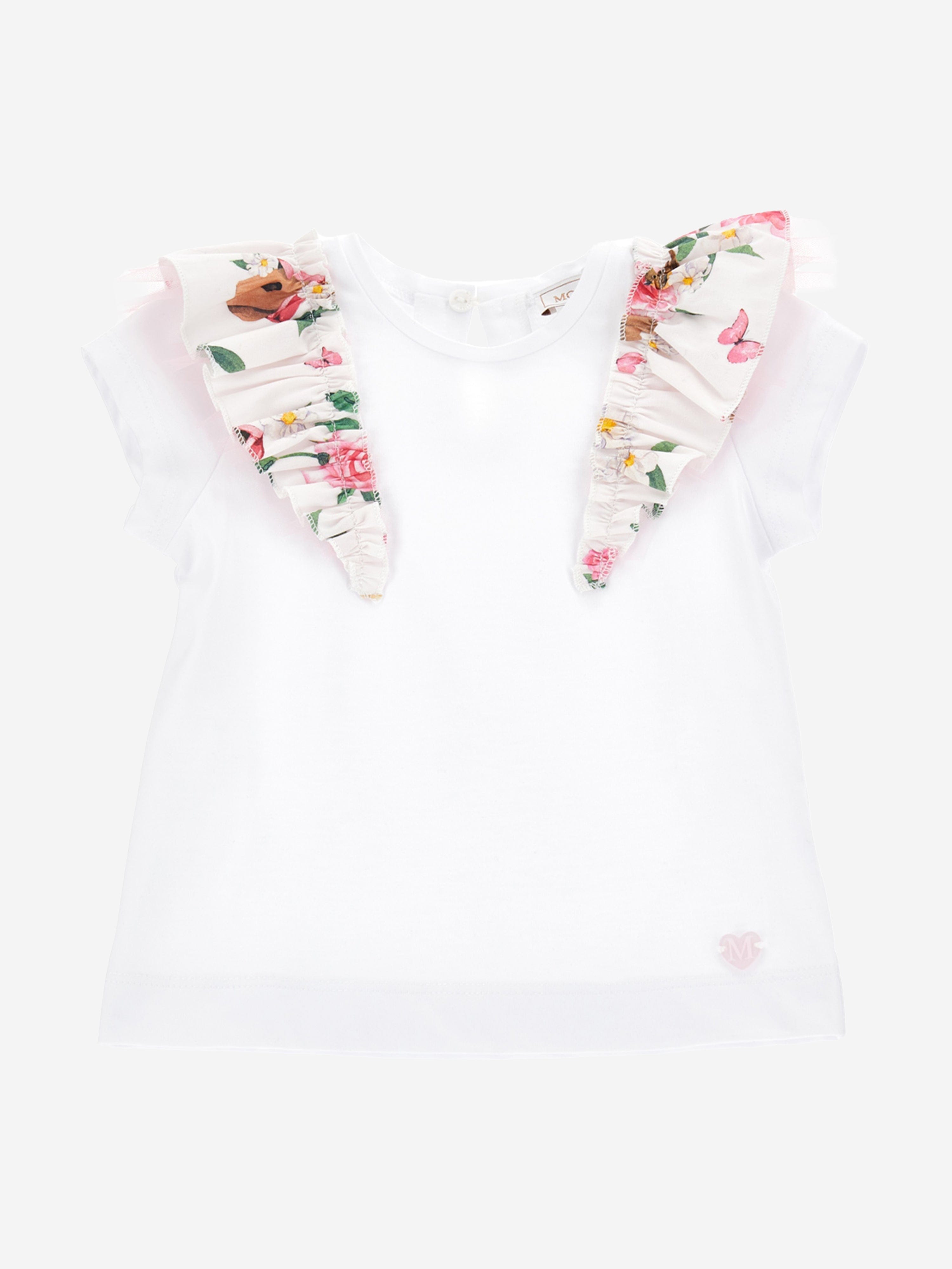 Monnalisa Baby Girls Floral Frill T-Shirt in White