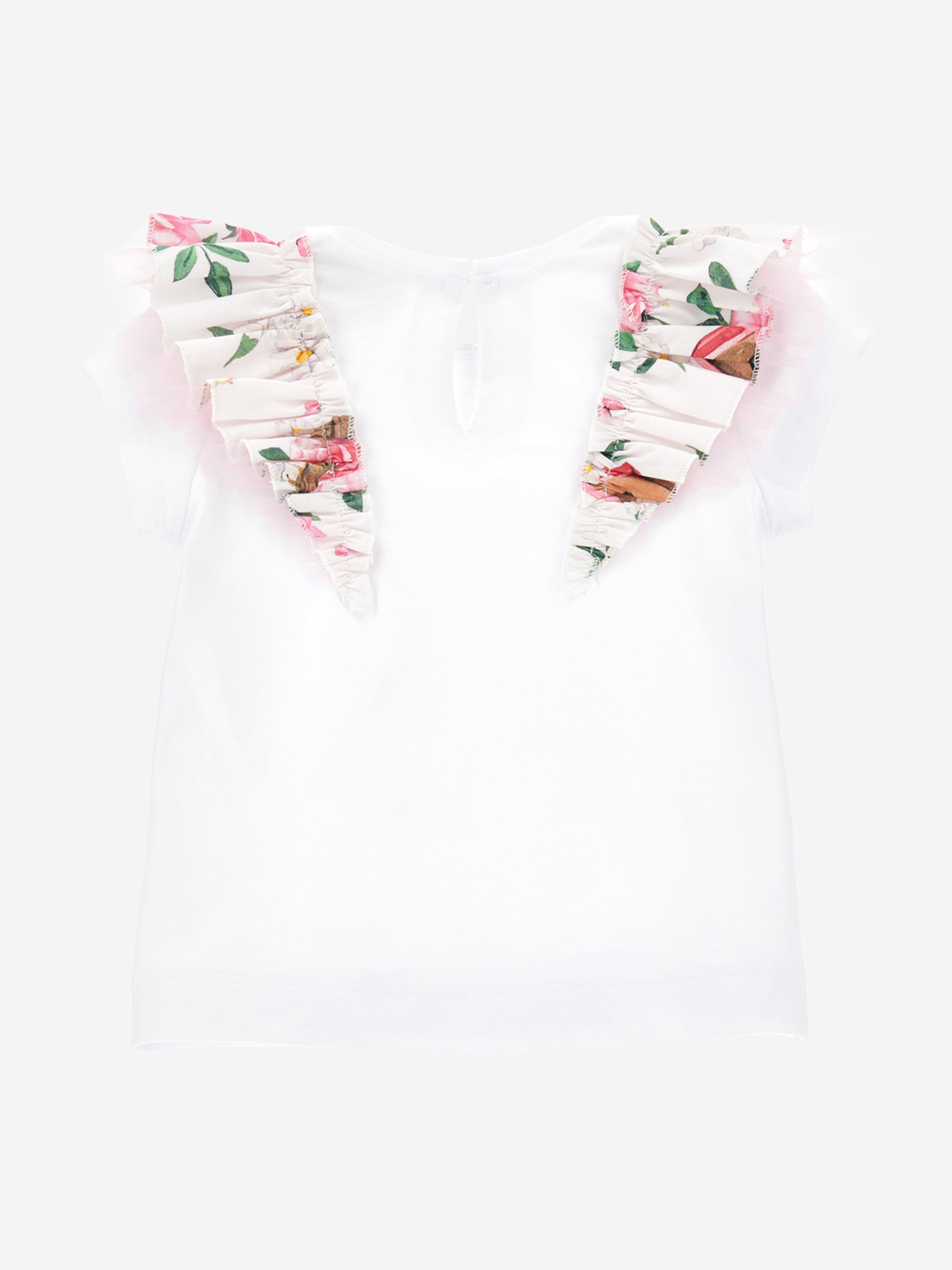 Monnalisa Baby Girls Floral Frill T-Shirt in White