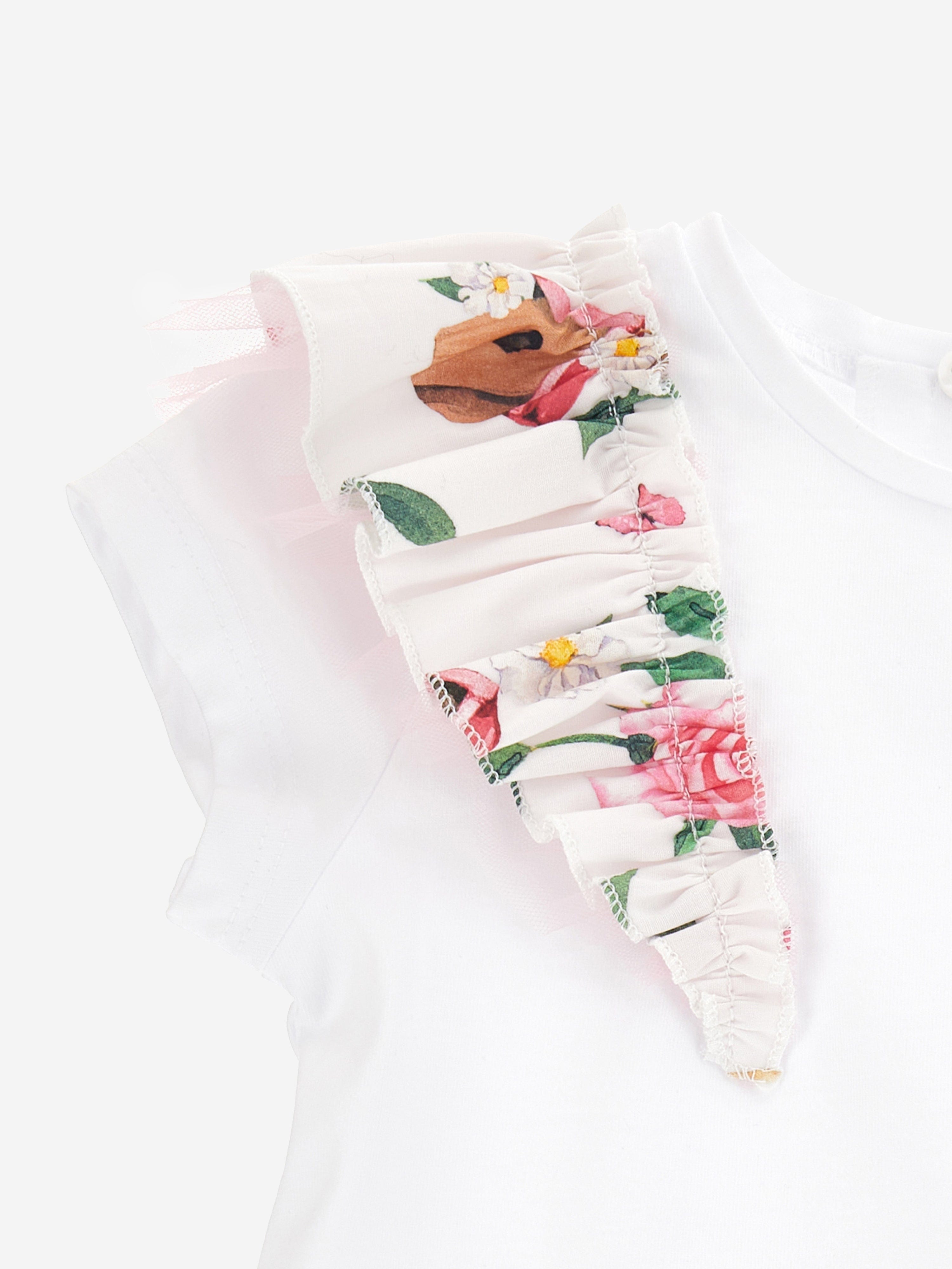 Monnalisa Baby Girls Floral Frill T-Shirt in White