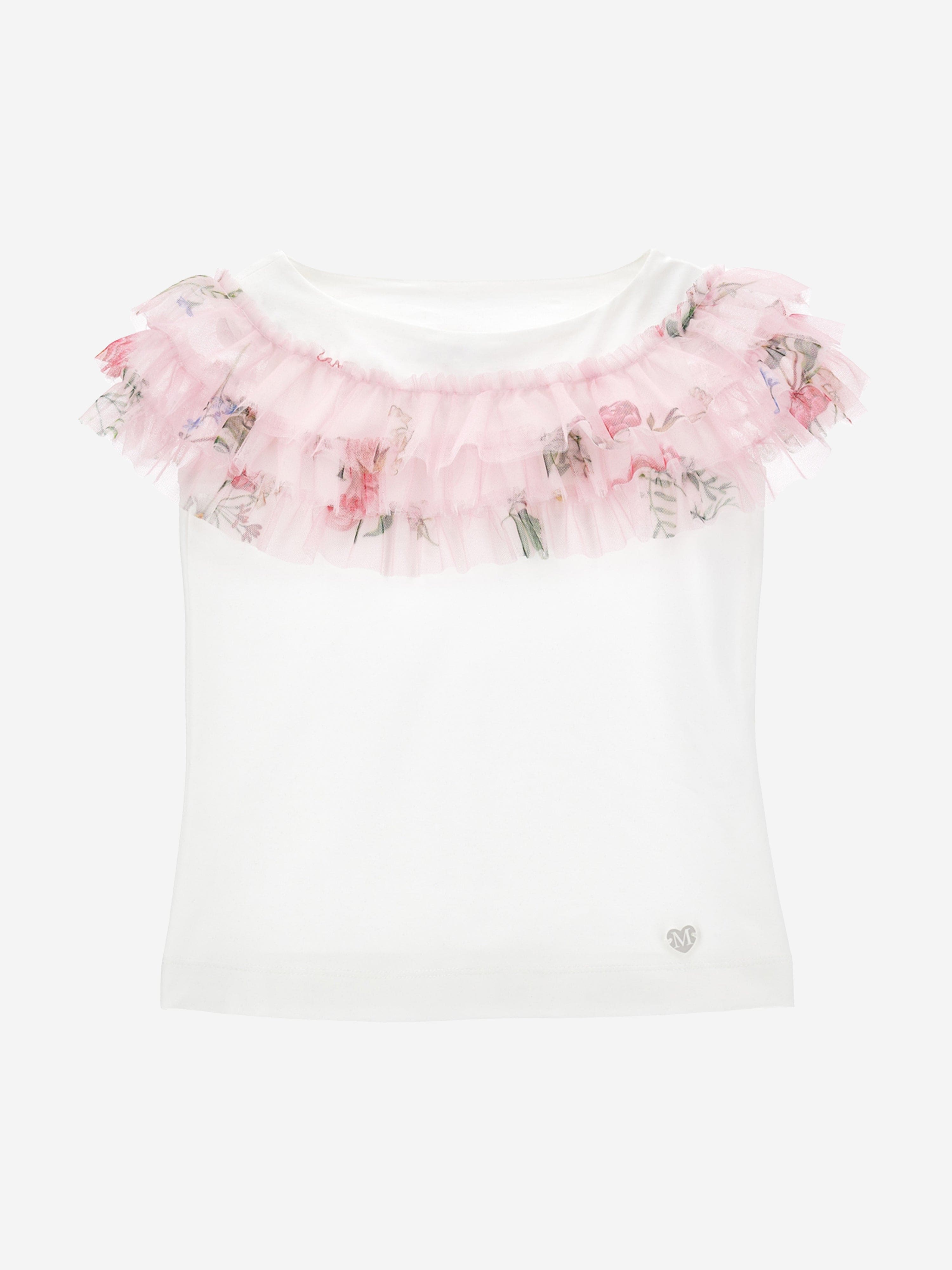 Monnalisa Girls Floral Ruched T-Shirt in Ivory