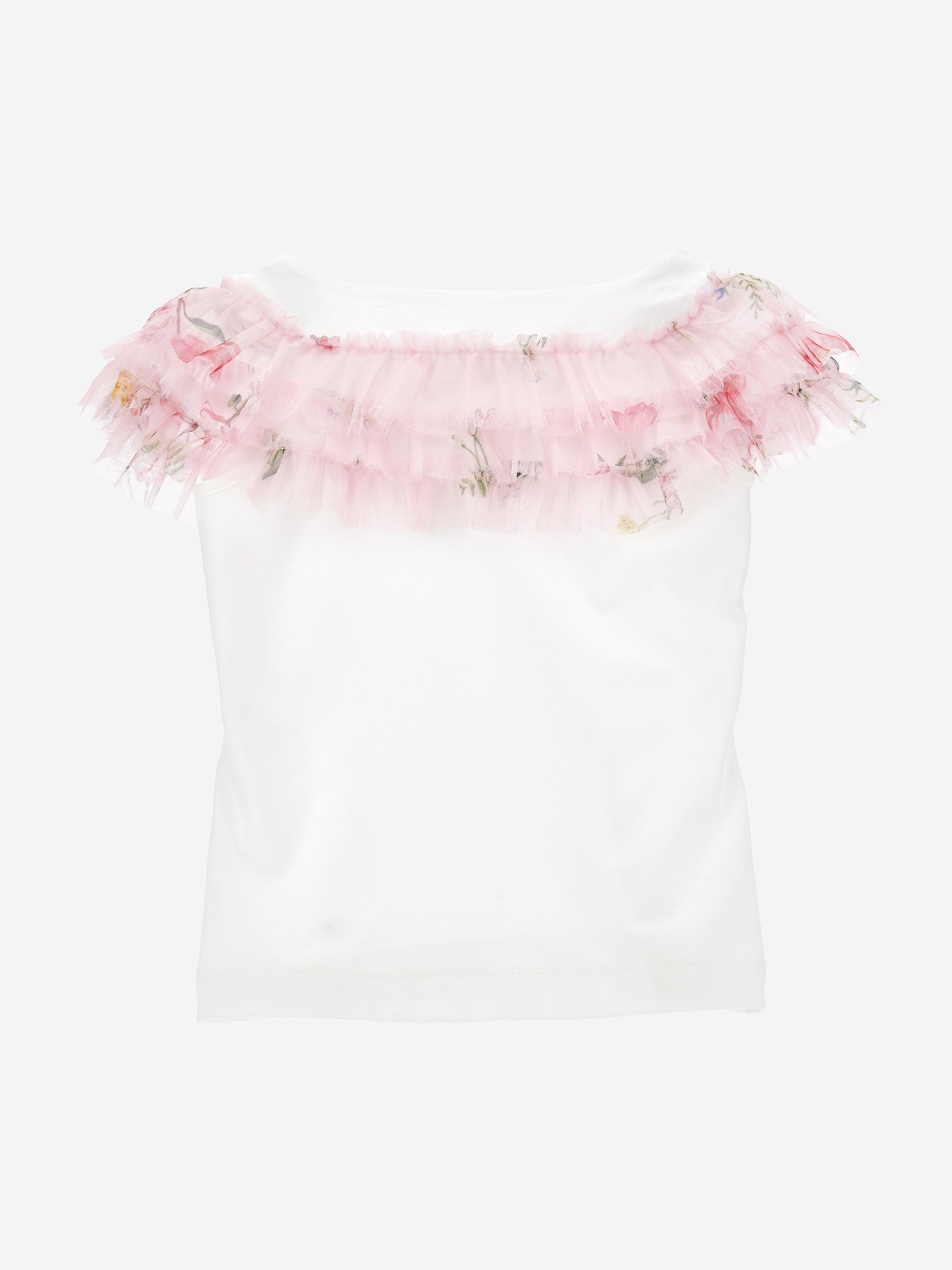 Monnalisa Girls Floral Ruched T-Shirt in Ivory