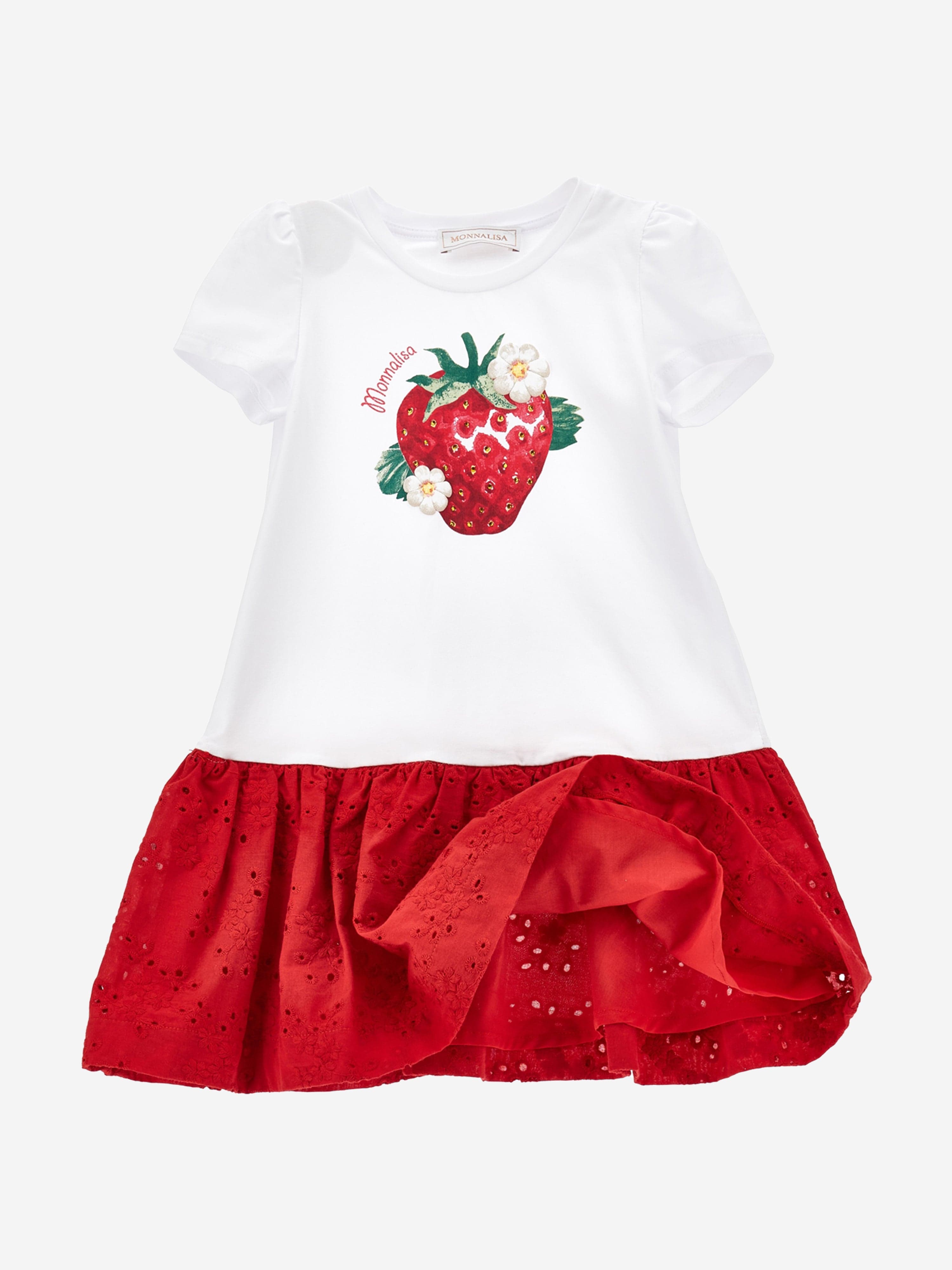 Monnalisa Girls Strawberry Jersey Dress in White