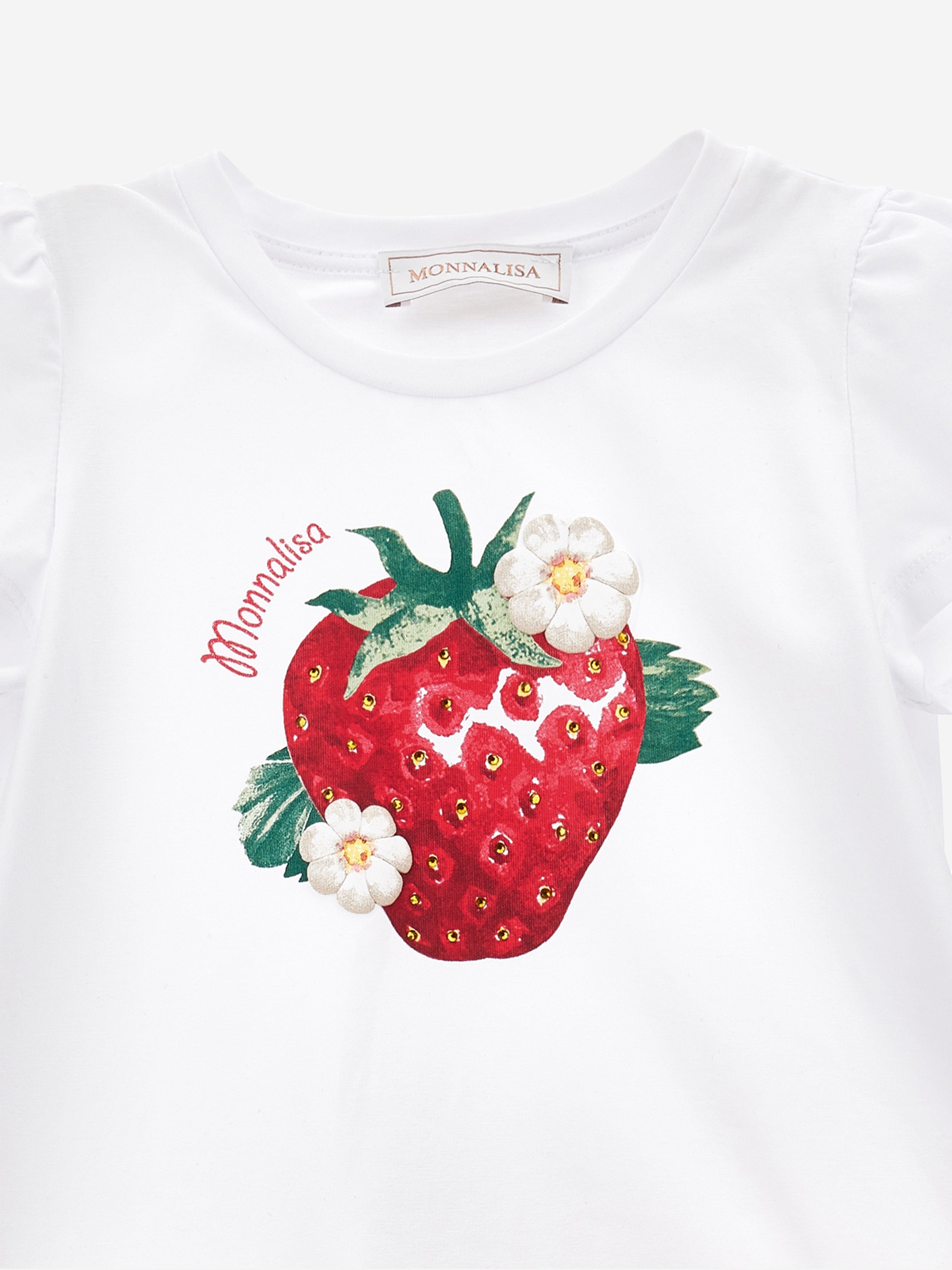 Monnalisa Girls Strawberry Jersey Dress in White