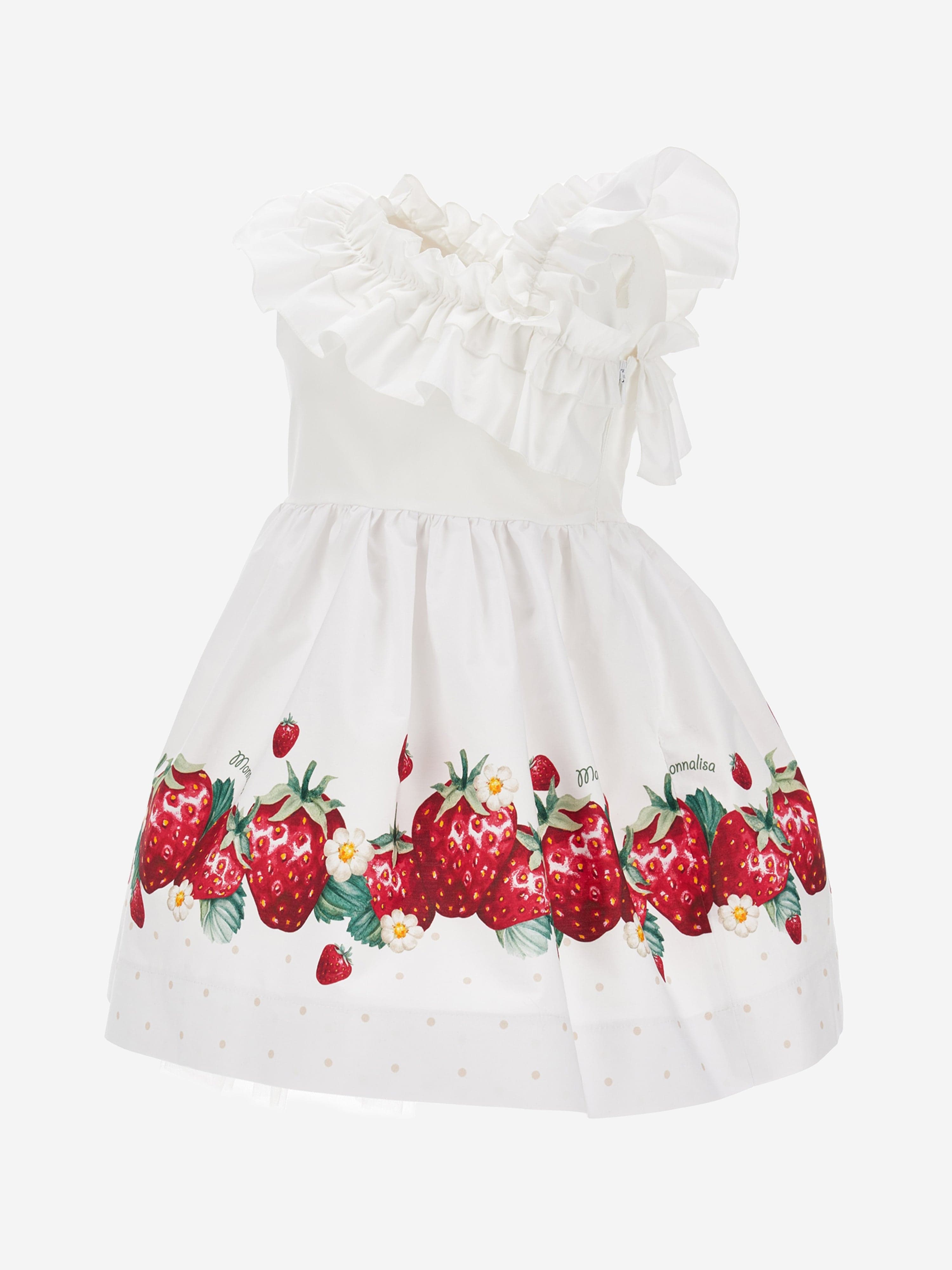 Monnalisa Girls Strawberry One Shoulder Dress in White