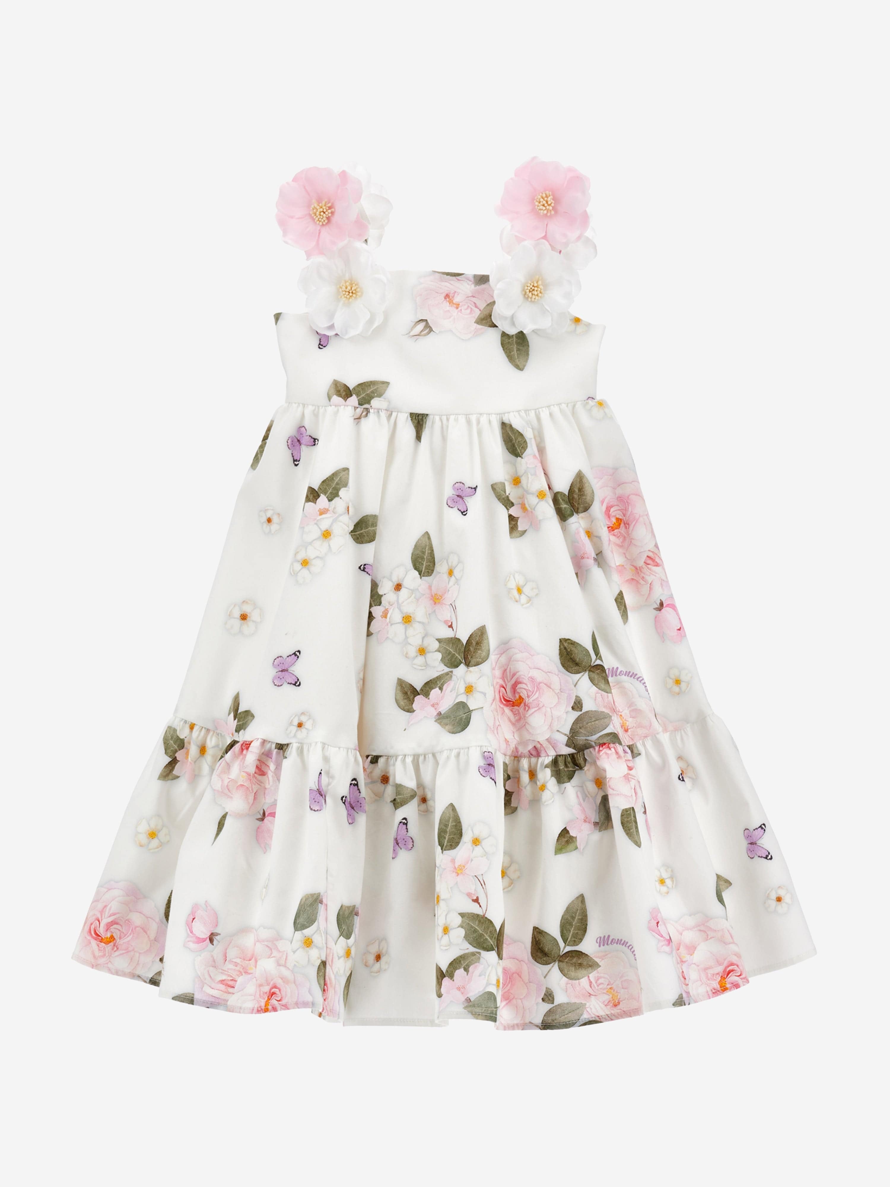 Monnalisa Girls Floral Bouquet Dress in White