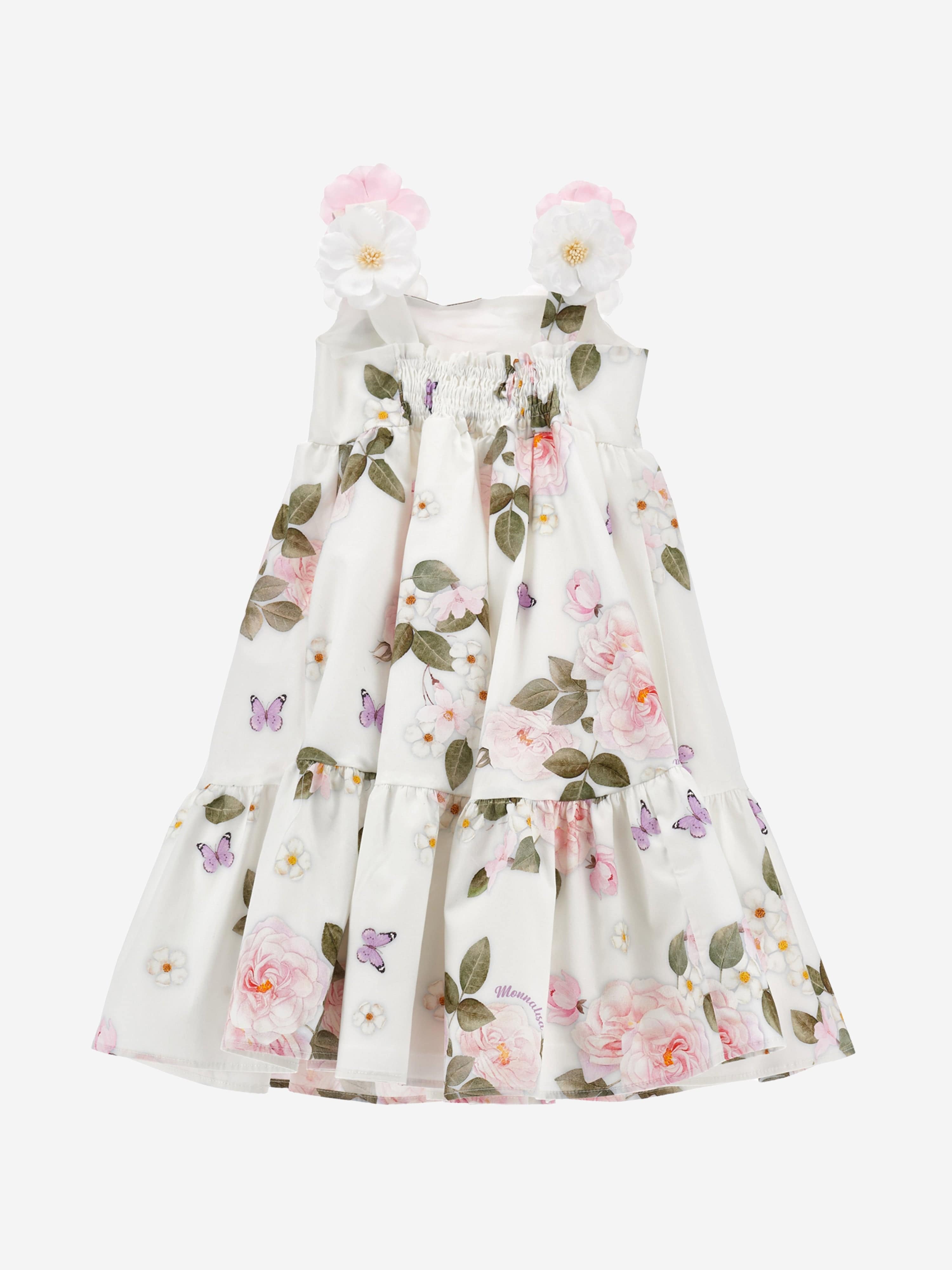 Monnalisa Girls Floral Bouquet Dress in White