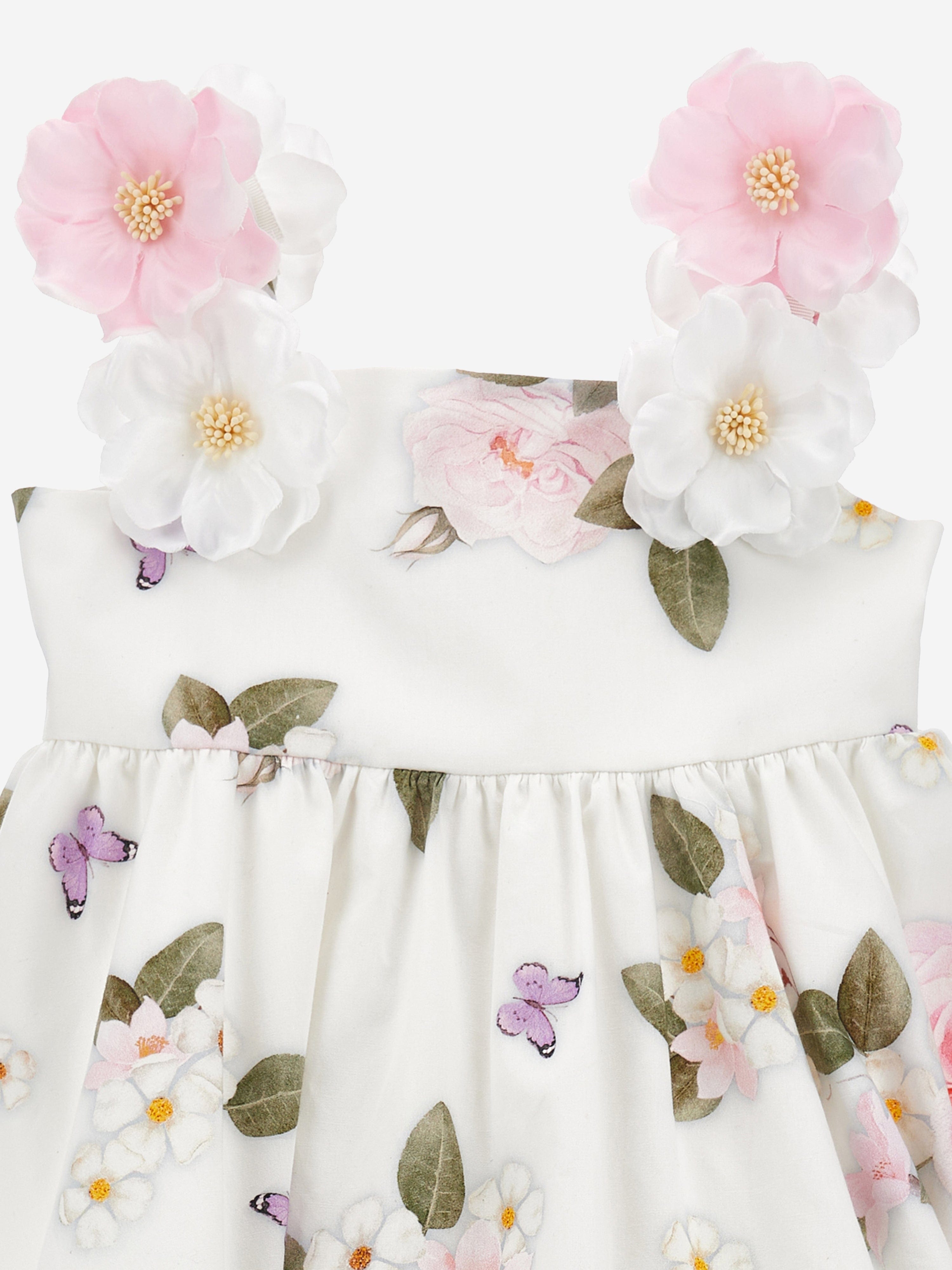 Monnalisa Girls Floral Bouquet Dress in White