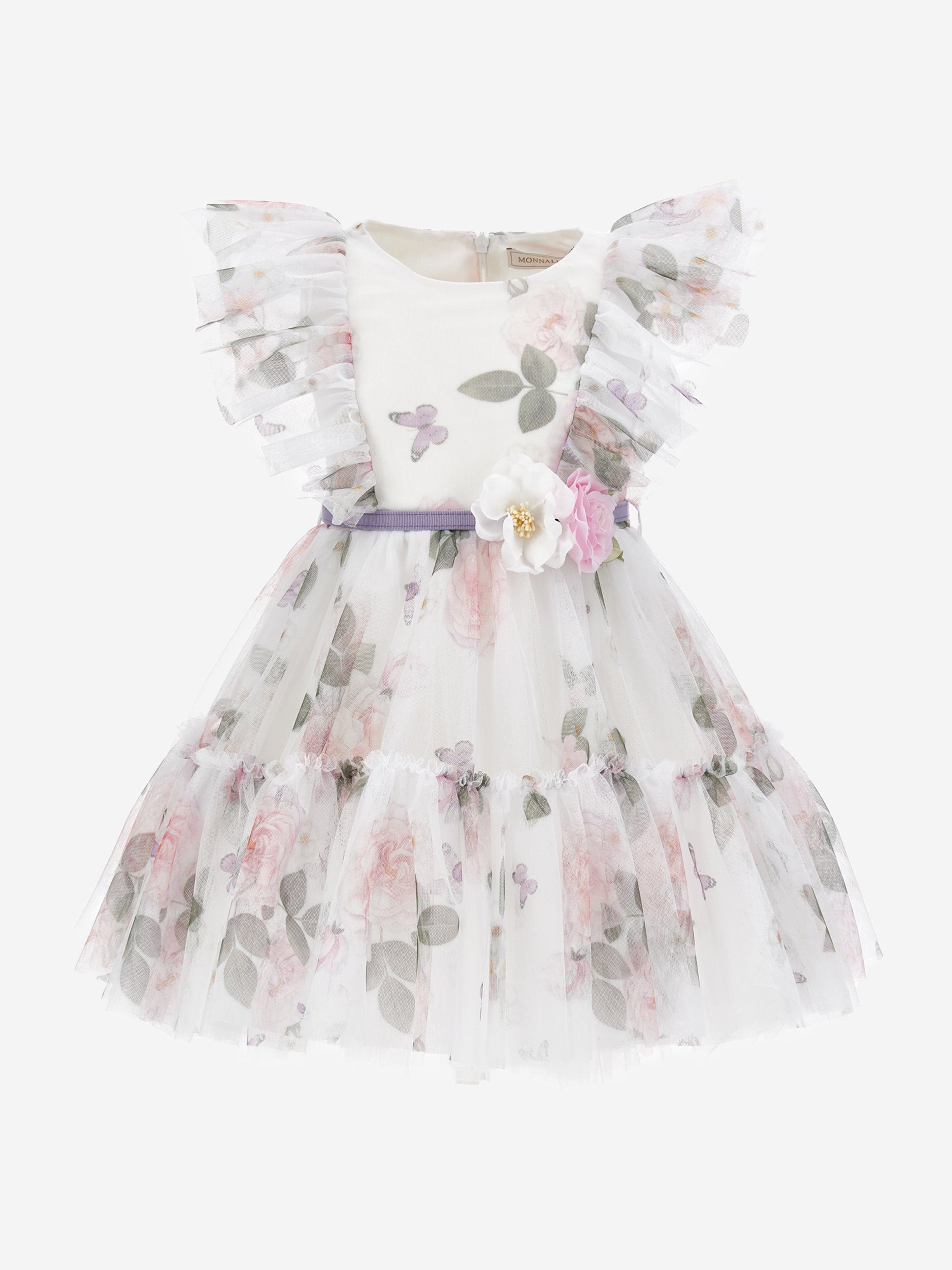 Monnalisa Girls Floral Tulle Dress in White