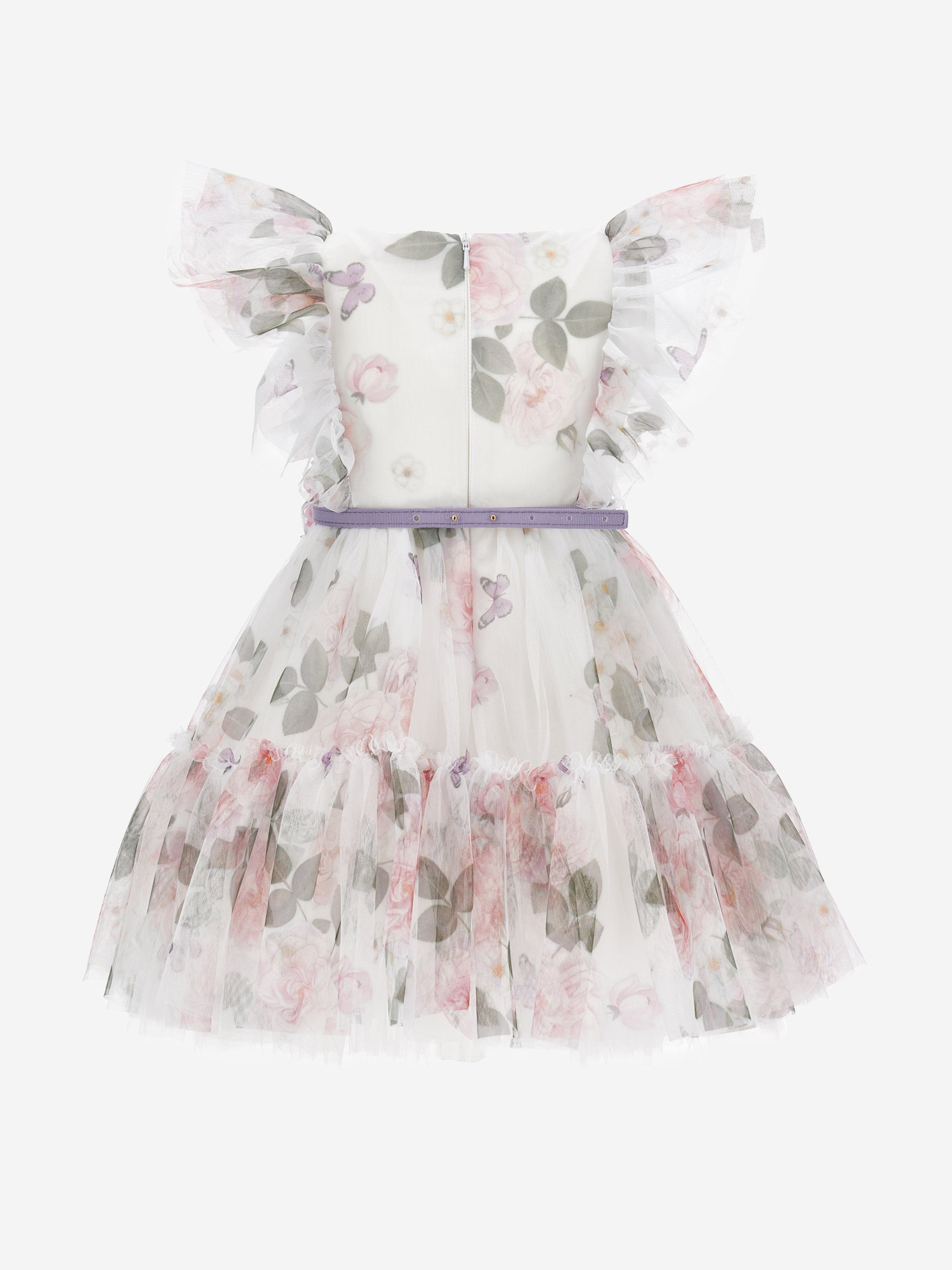 Monnalisa Girls Floral Tulle Dress in White