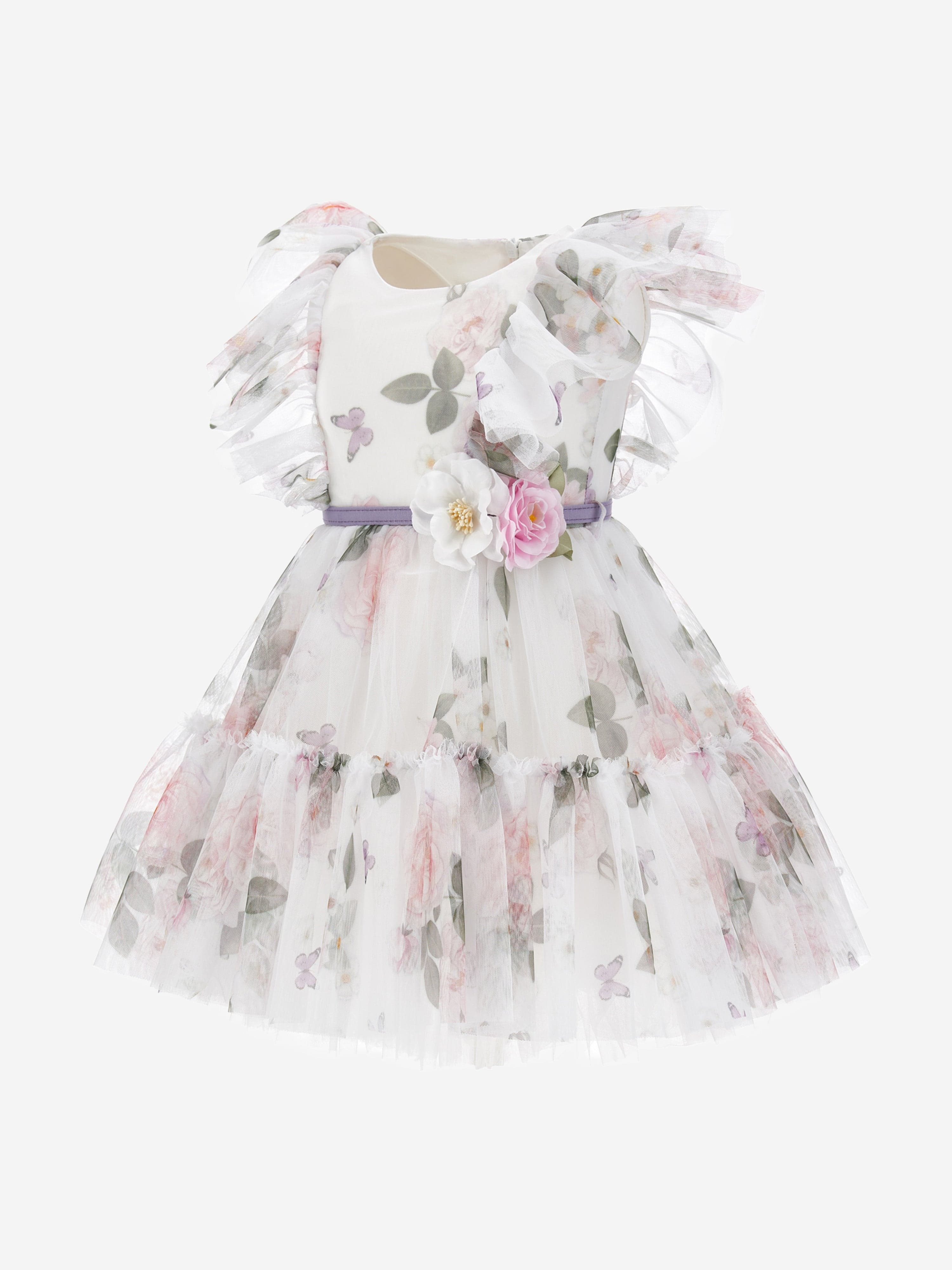 Monnalisa Girls Floral Tulle Dress in White