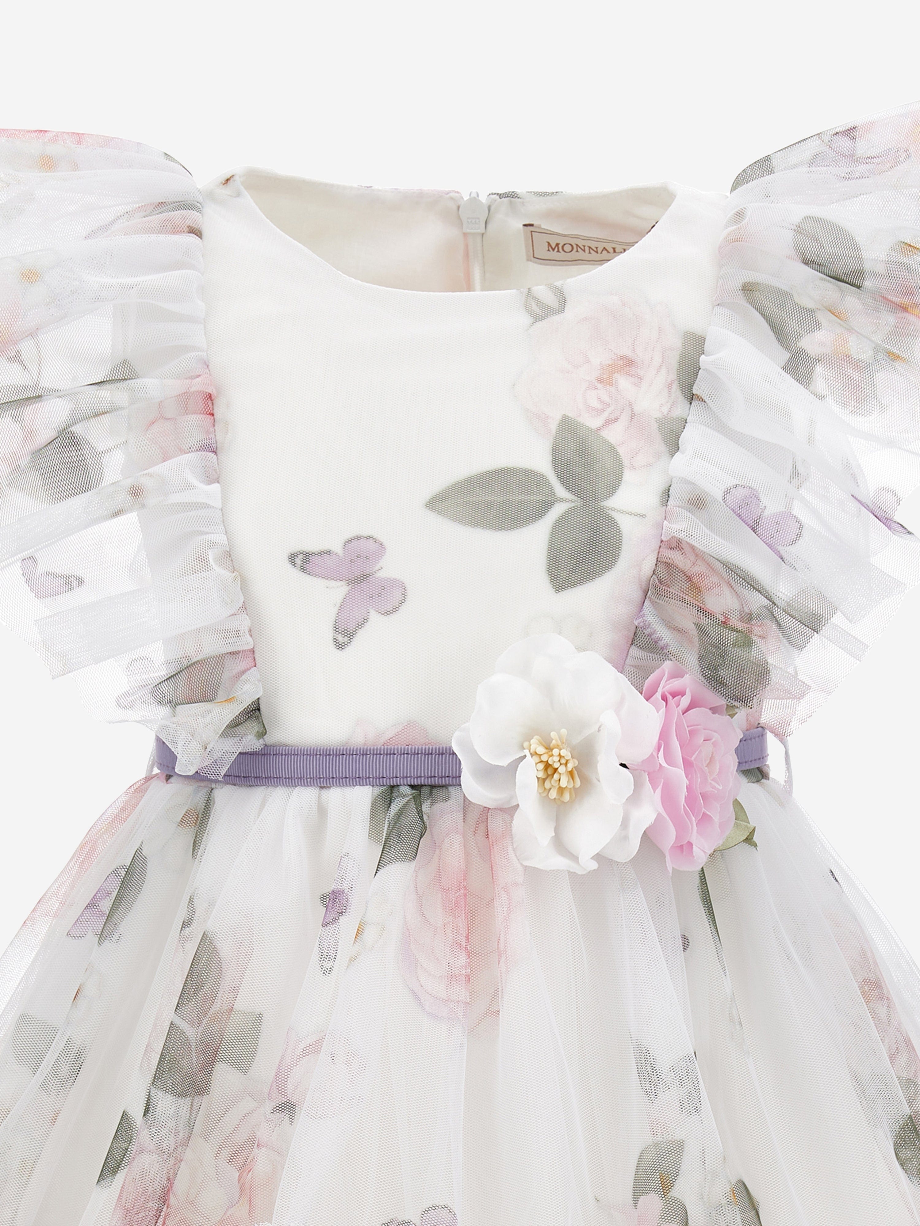 Monnalisa Girls Floral Tulle Dress in White