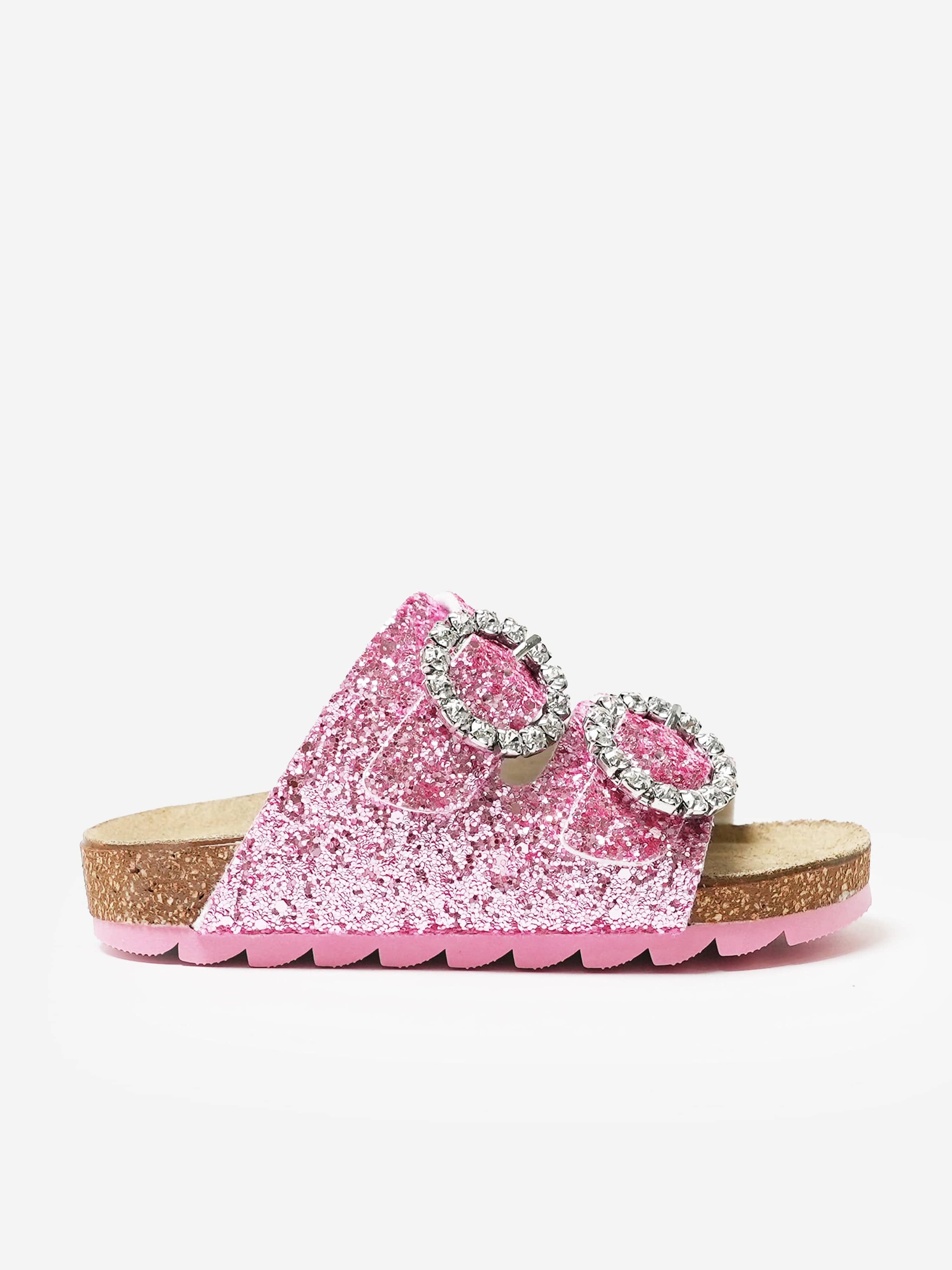 Monnalisa Girls Jewel Buckle Glitter Sandals in Pink