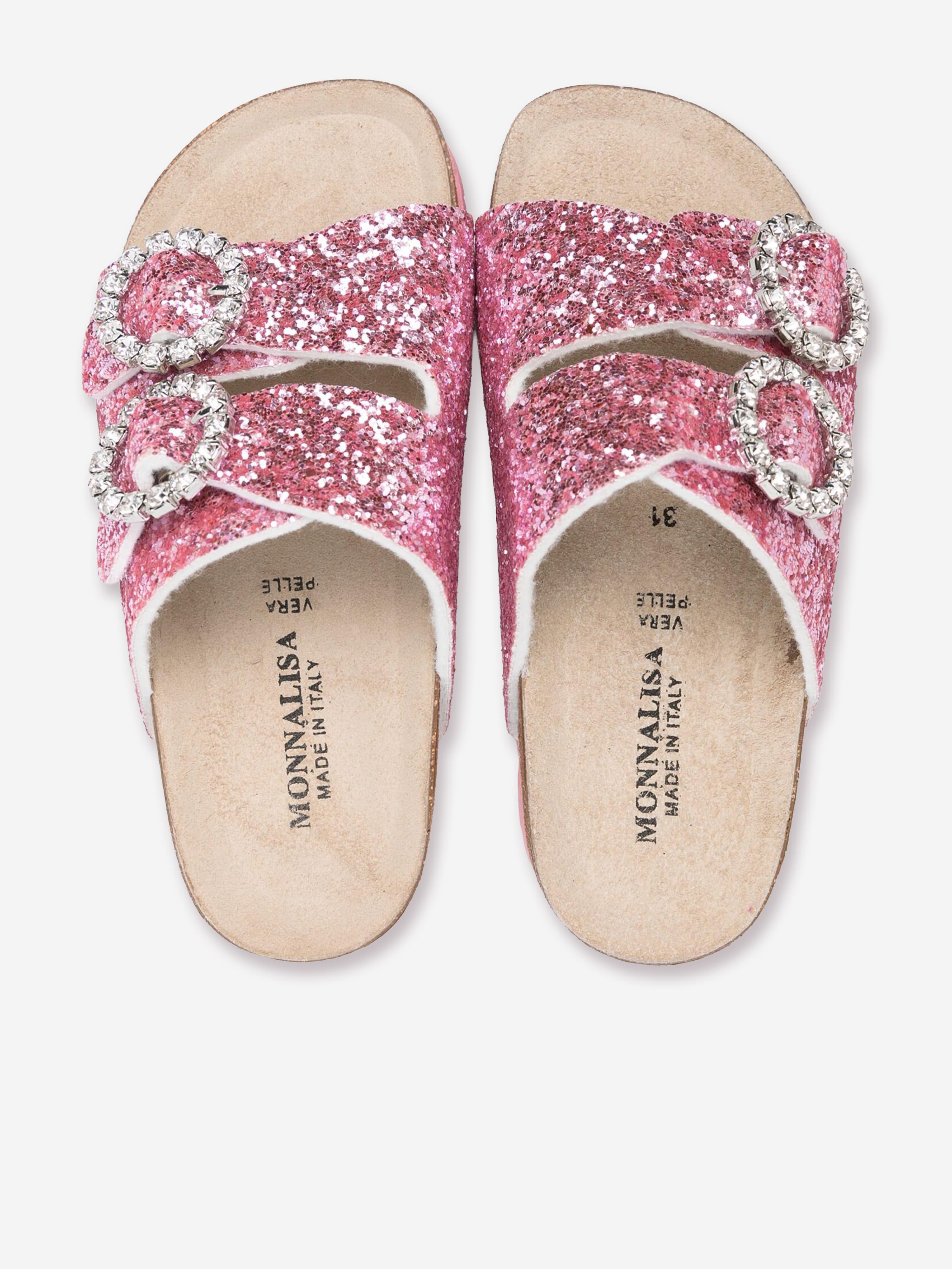 Monnalisa Girls Jewel Buckle Glitter Sandals in Pink