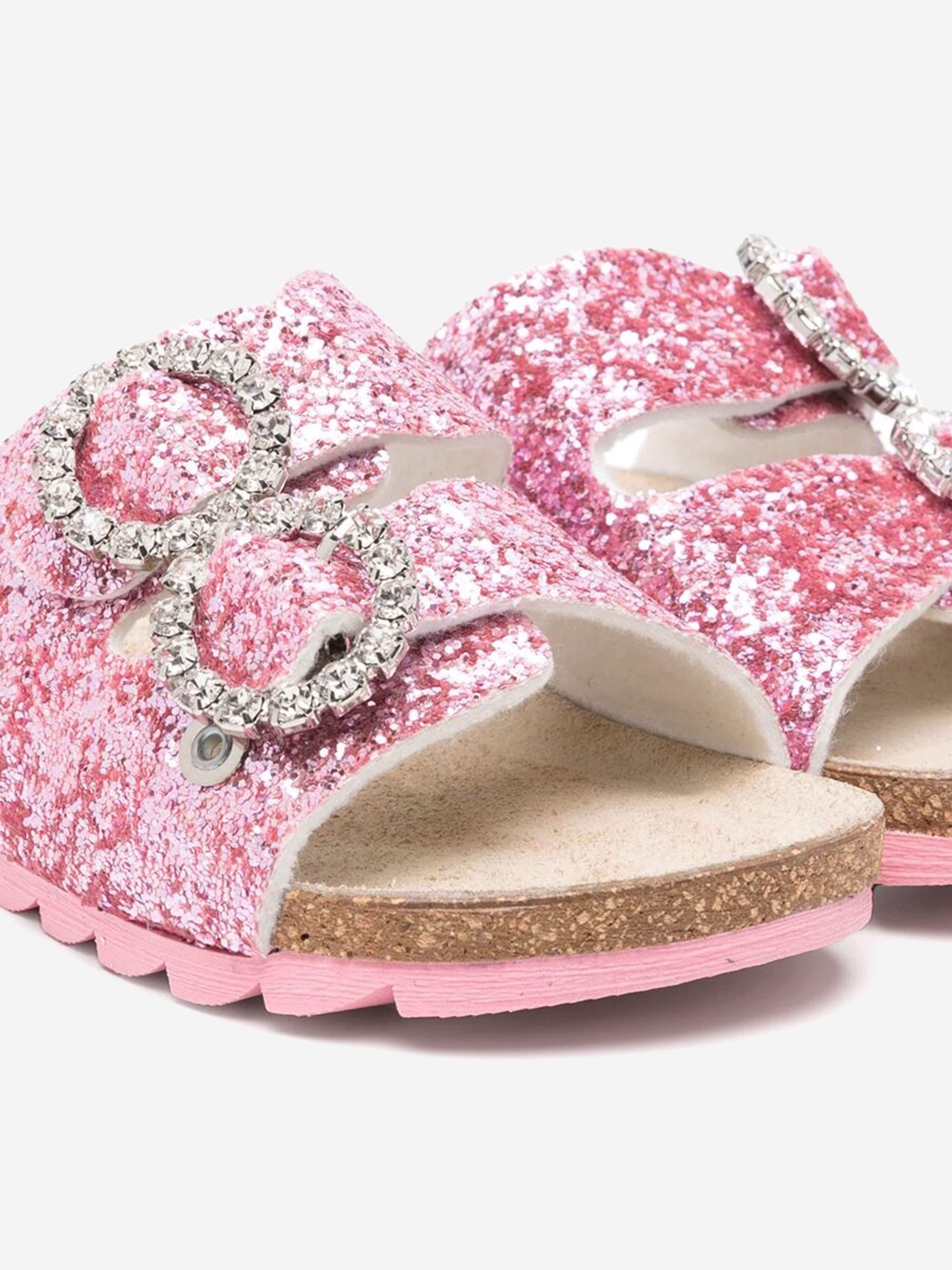 Monnalisa Girls Jewel Buckle Glitter Sandals in Pink