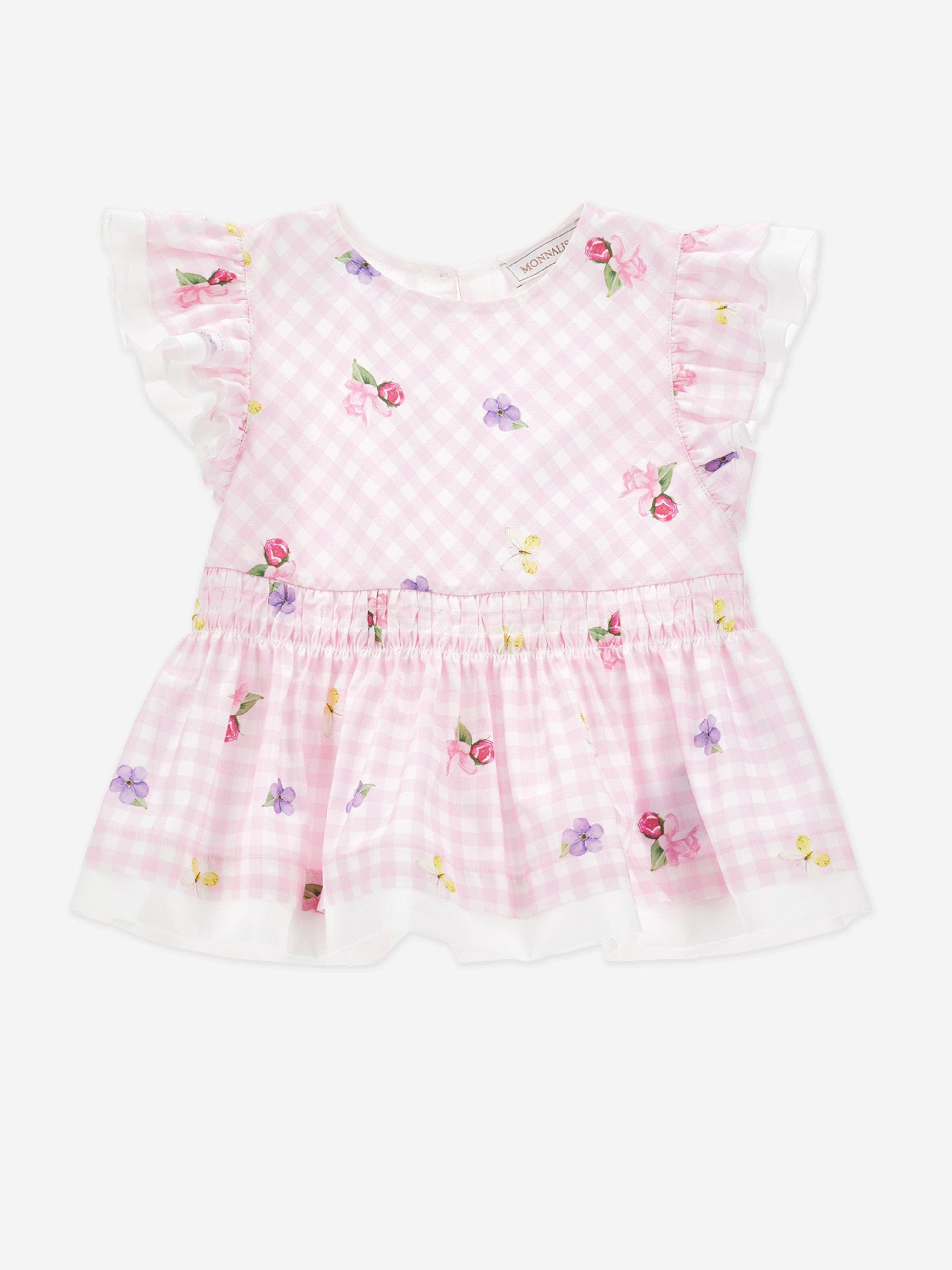 Monnalisa Girls Floral Gingham Top in Pink