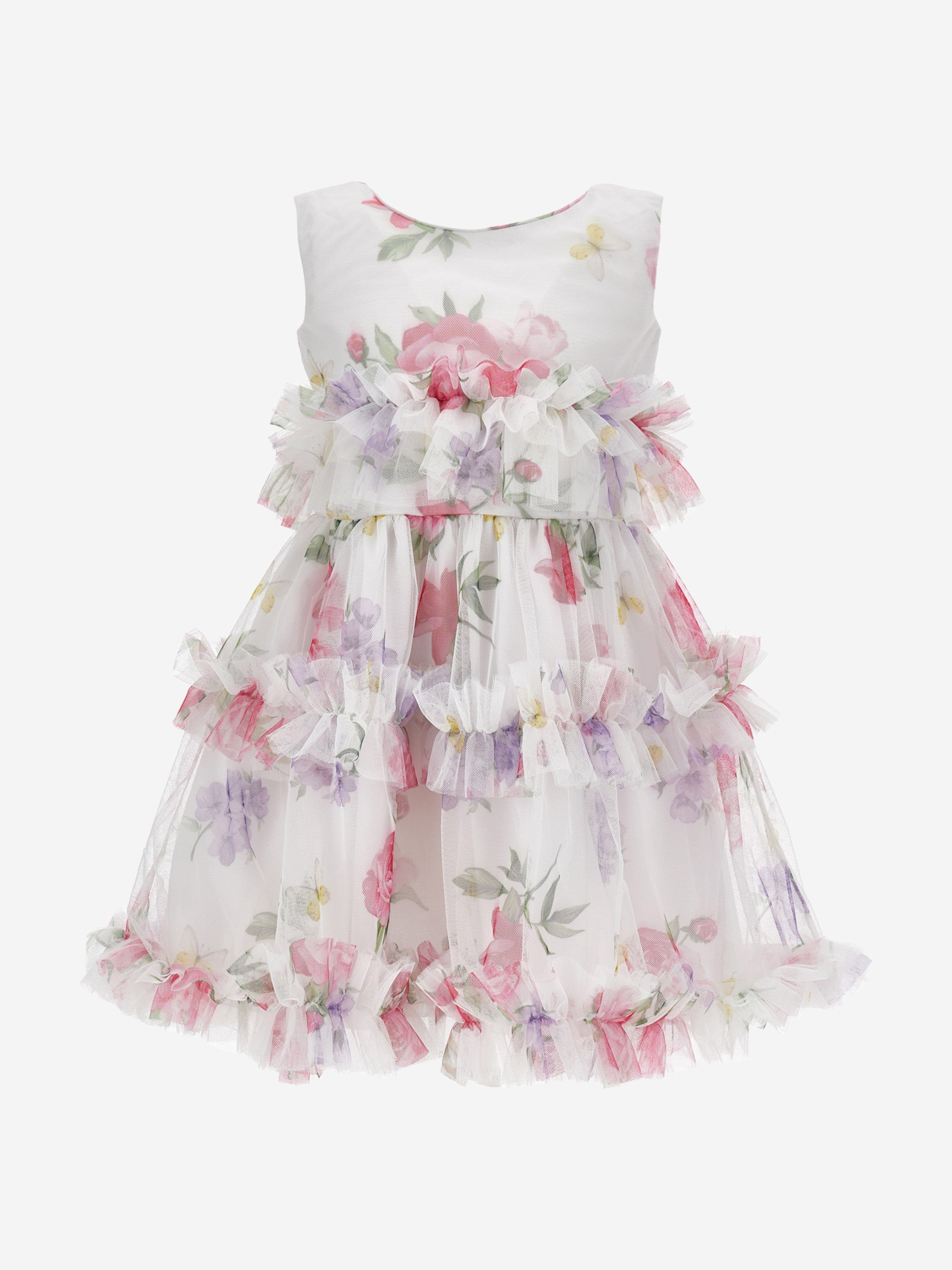Monnalisa Girls Tulle Flower Dress in White