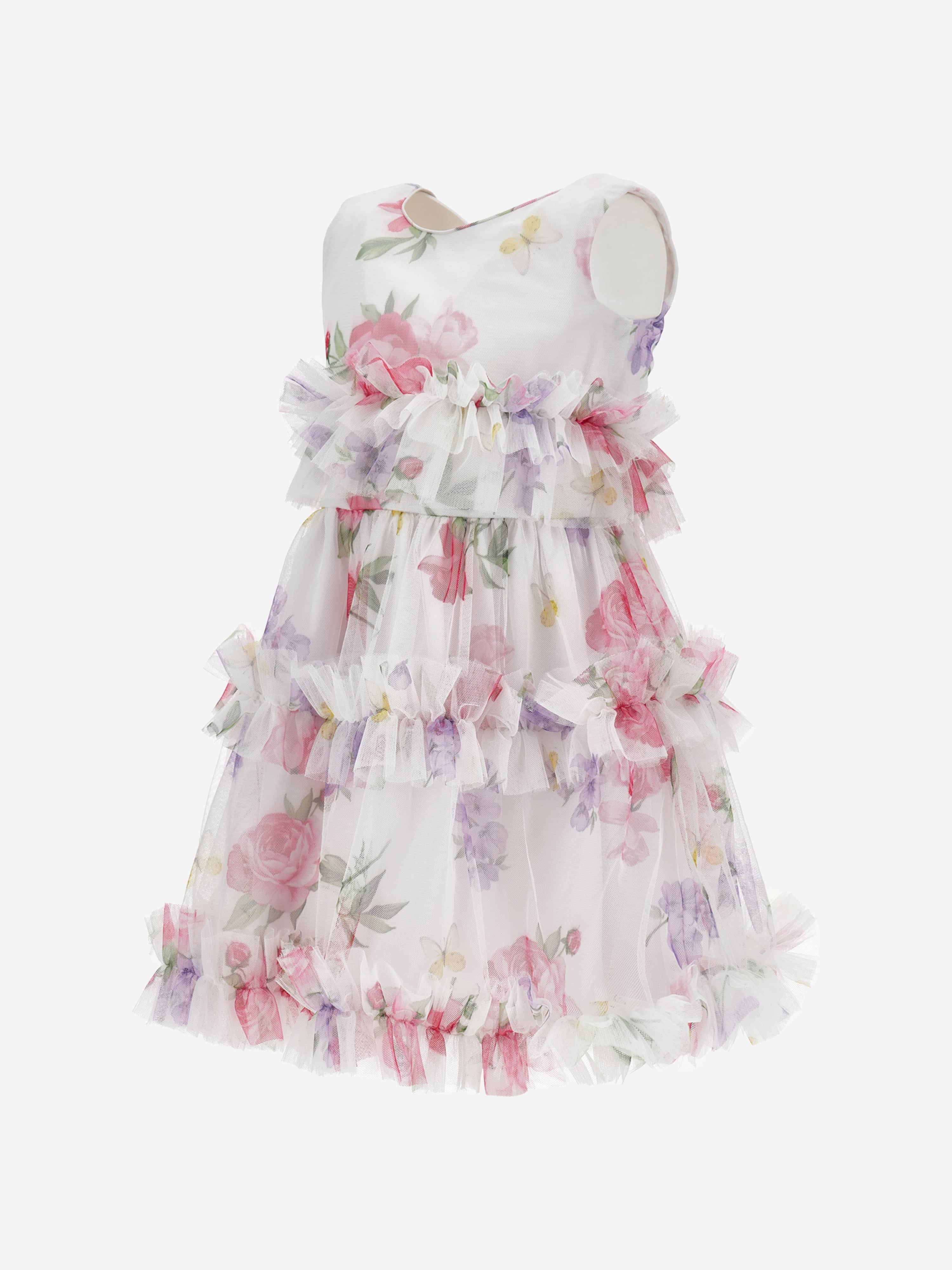 Monnalisa Girls Tulle Flower Dress in White