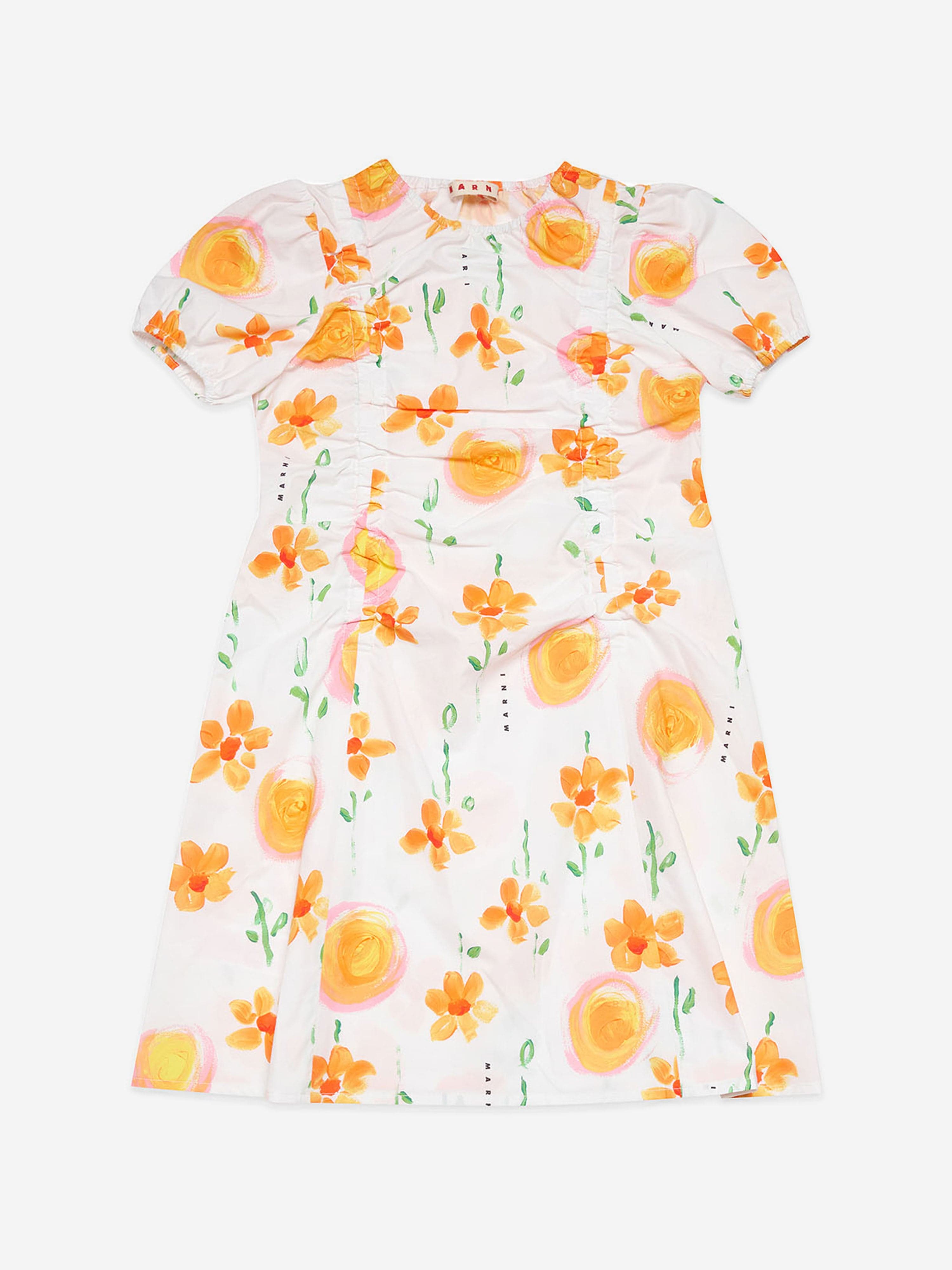 MARNI Girls Flower Print Poplin Dress in White