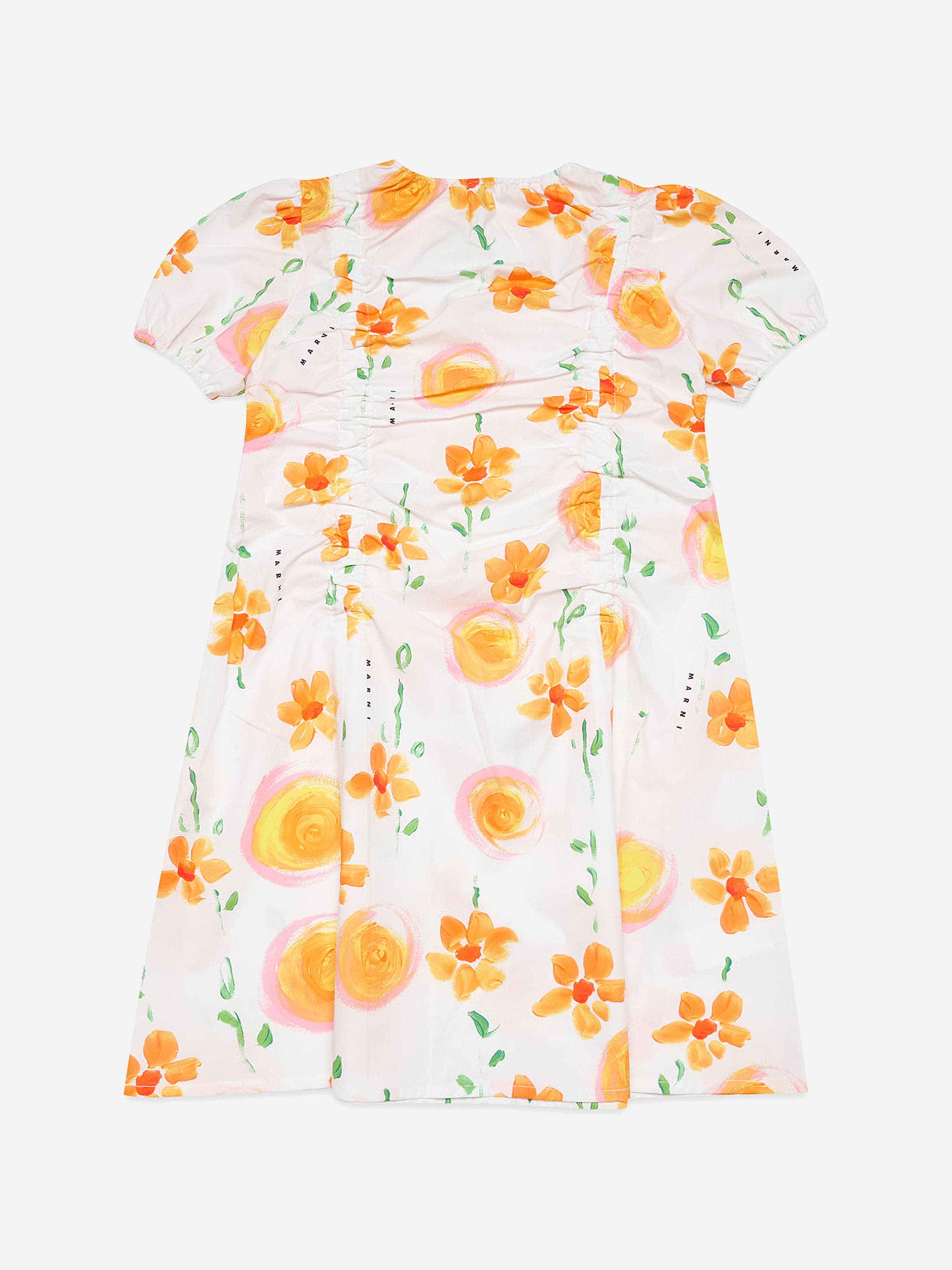 MARNI Girls Flower Print Poplin Dress in White