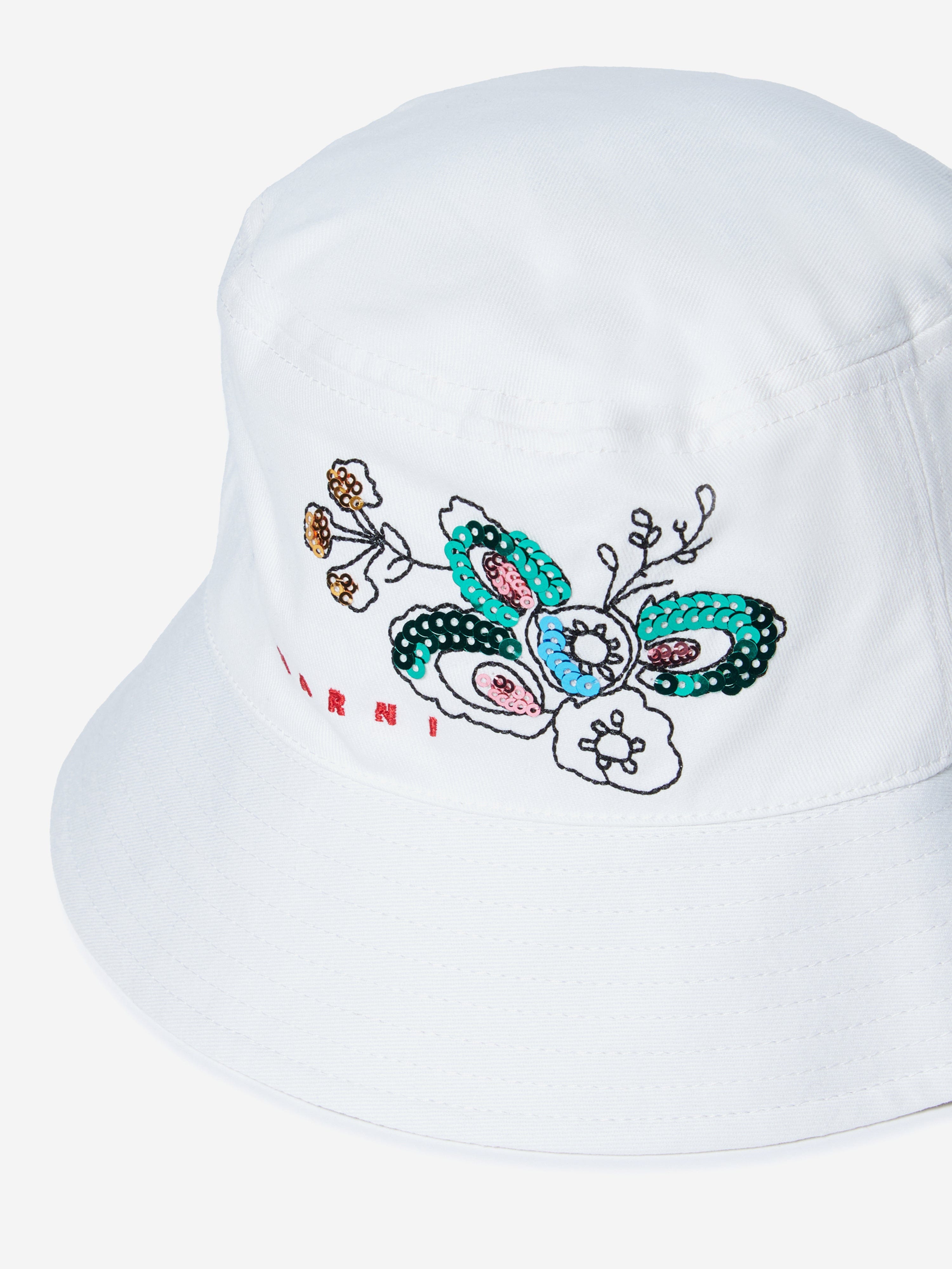 MARNI Girls Gabardine Flower Bucket Hat in White