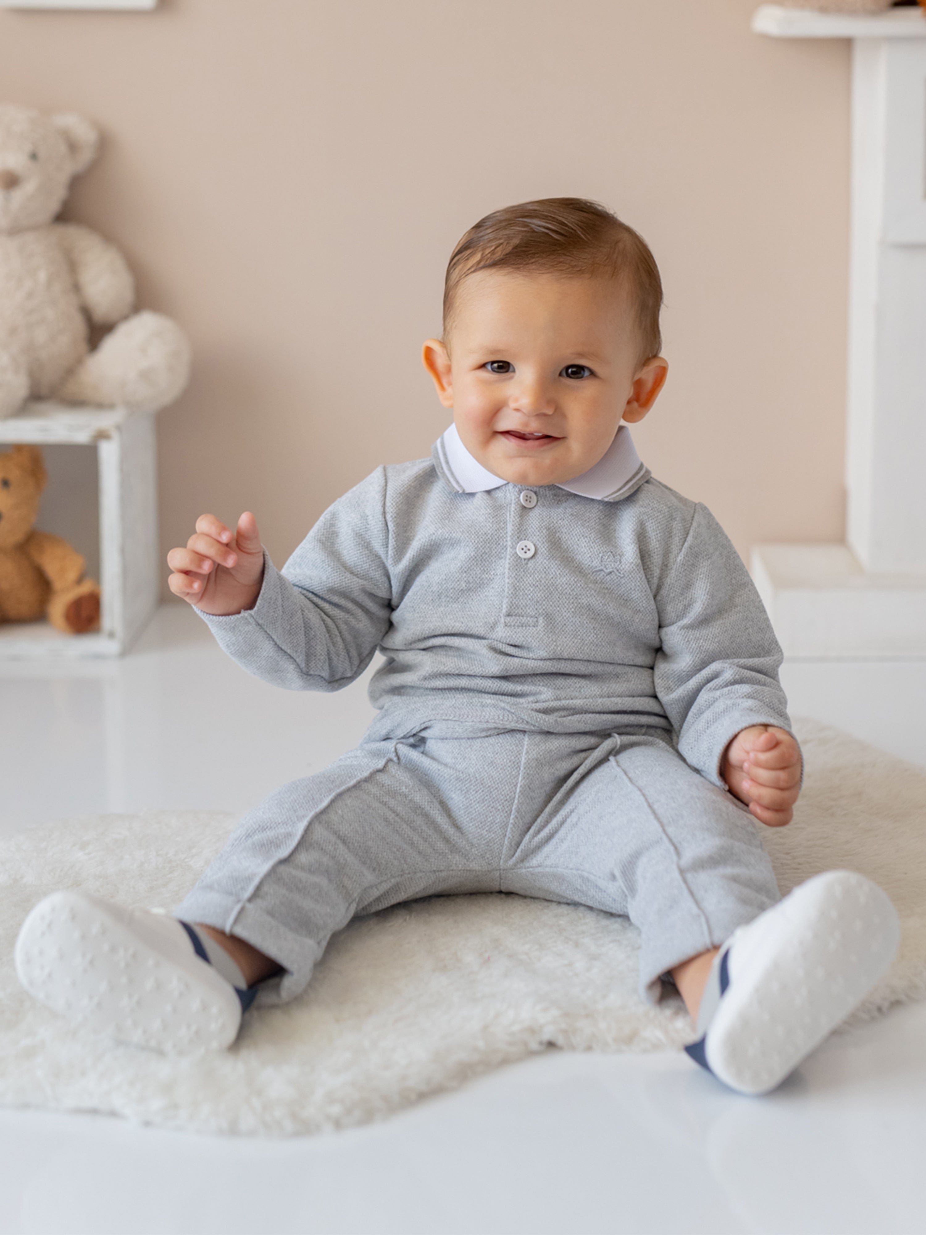 Mininio Baby Boys Polo Shirt and Trouser Set in Grey