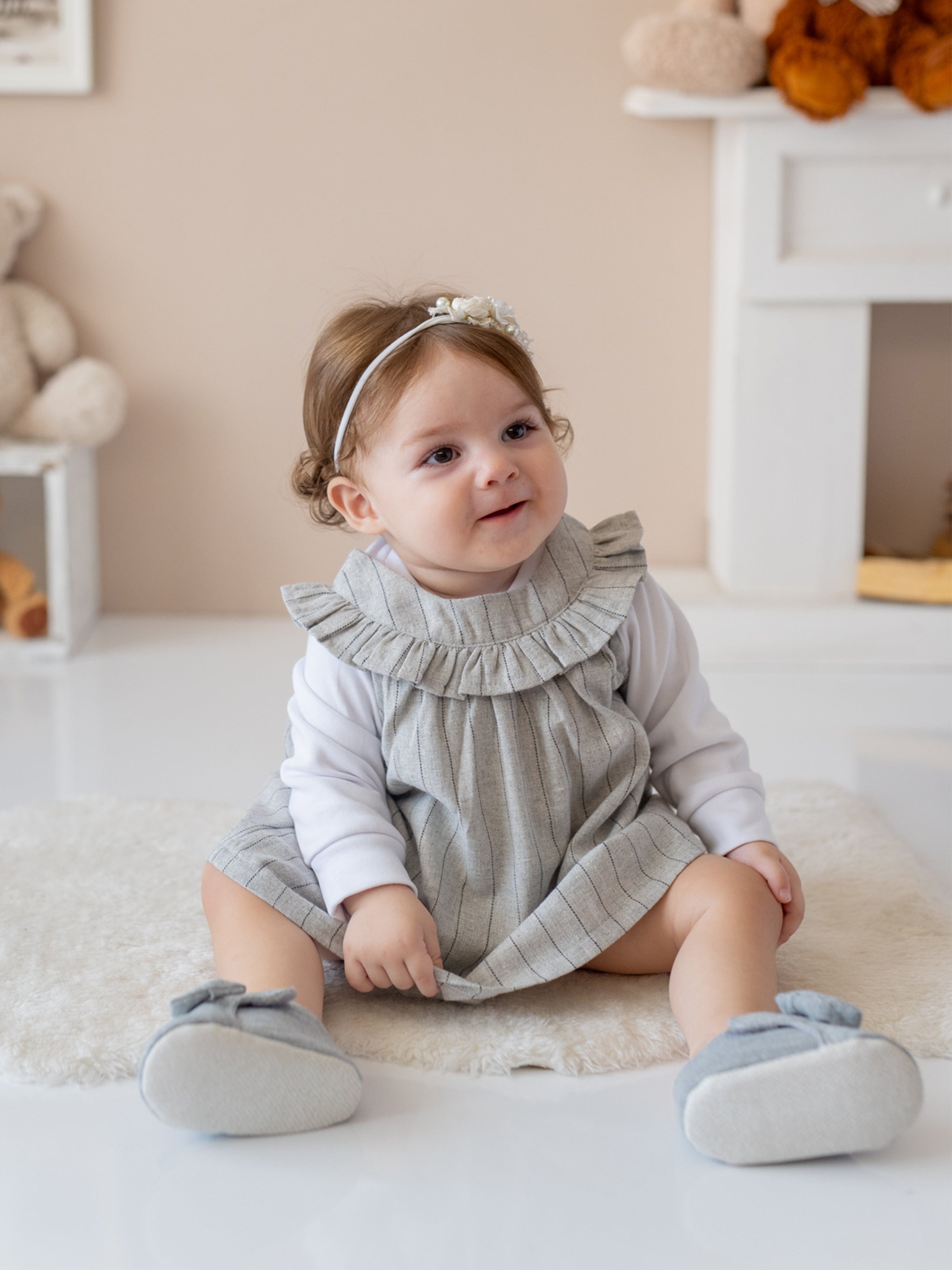 Mininio Baby Girls Ruffle Collar Dress and Blouse Set in Grey