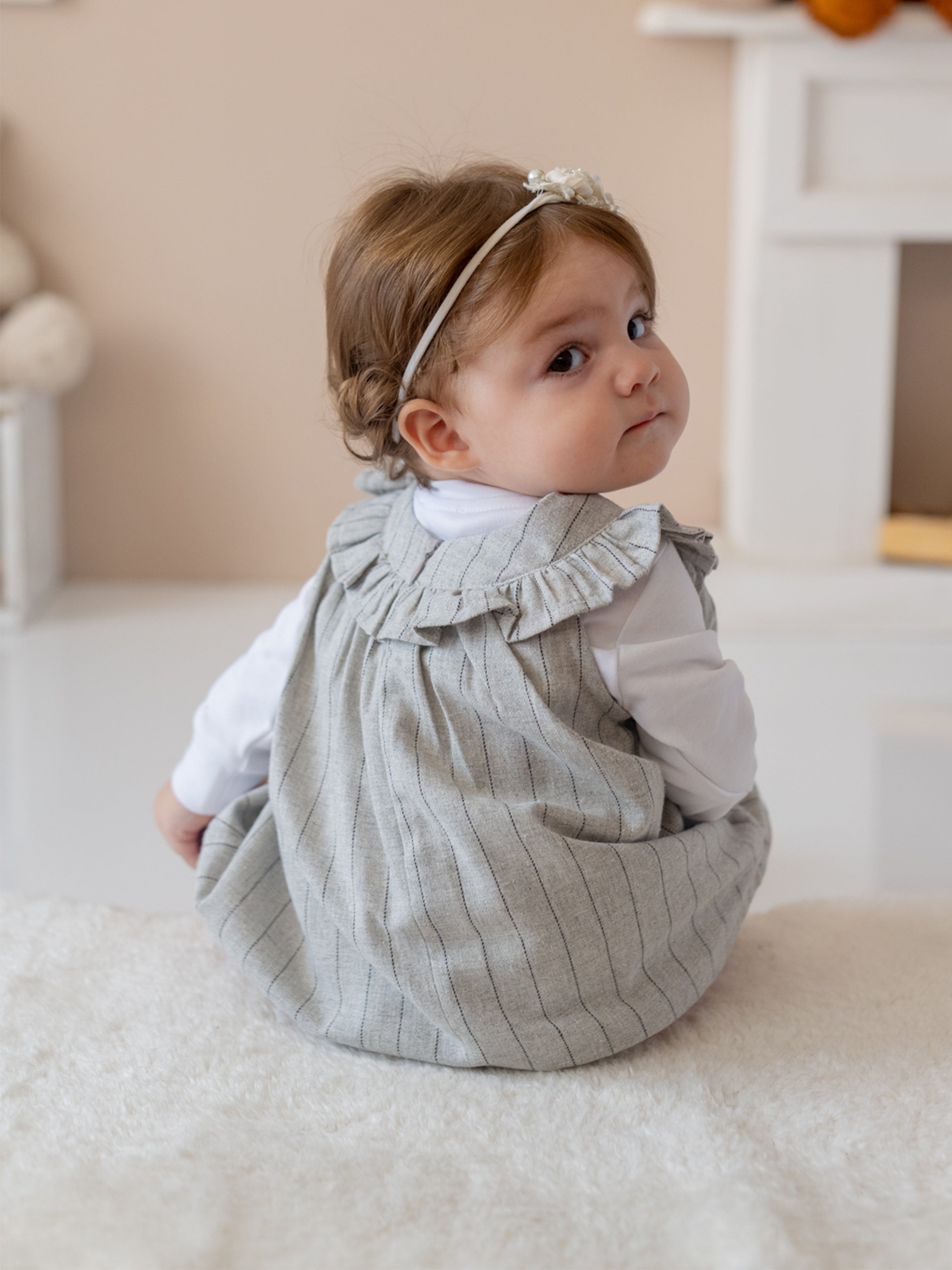 Mininio Baby Girls Ruffle Collar Dress and Blouse Set in Grey