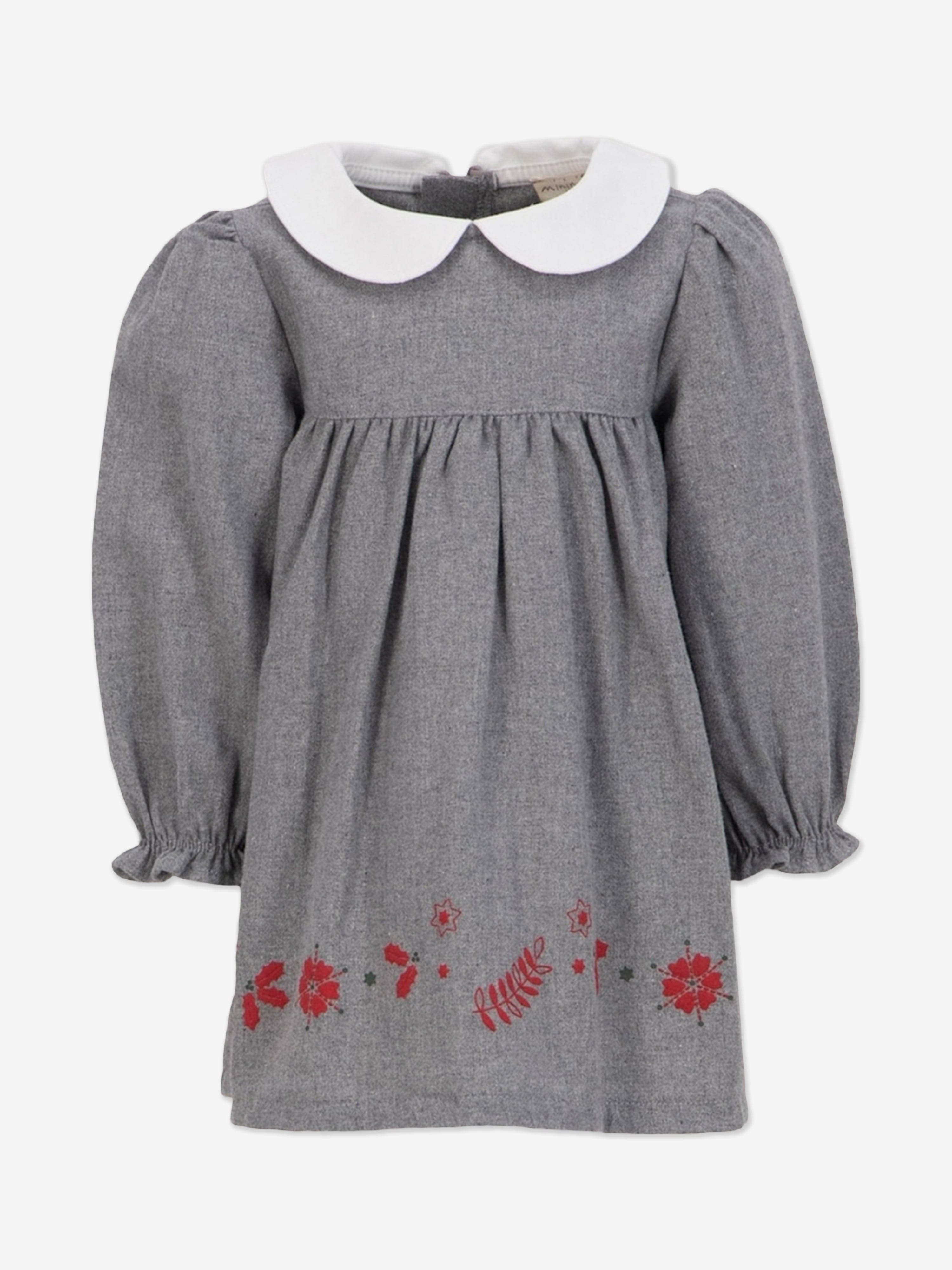 Mininio Baby Girls Embroidered Woven Dress in Grey