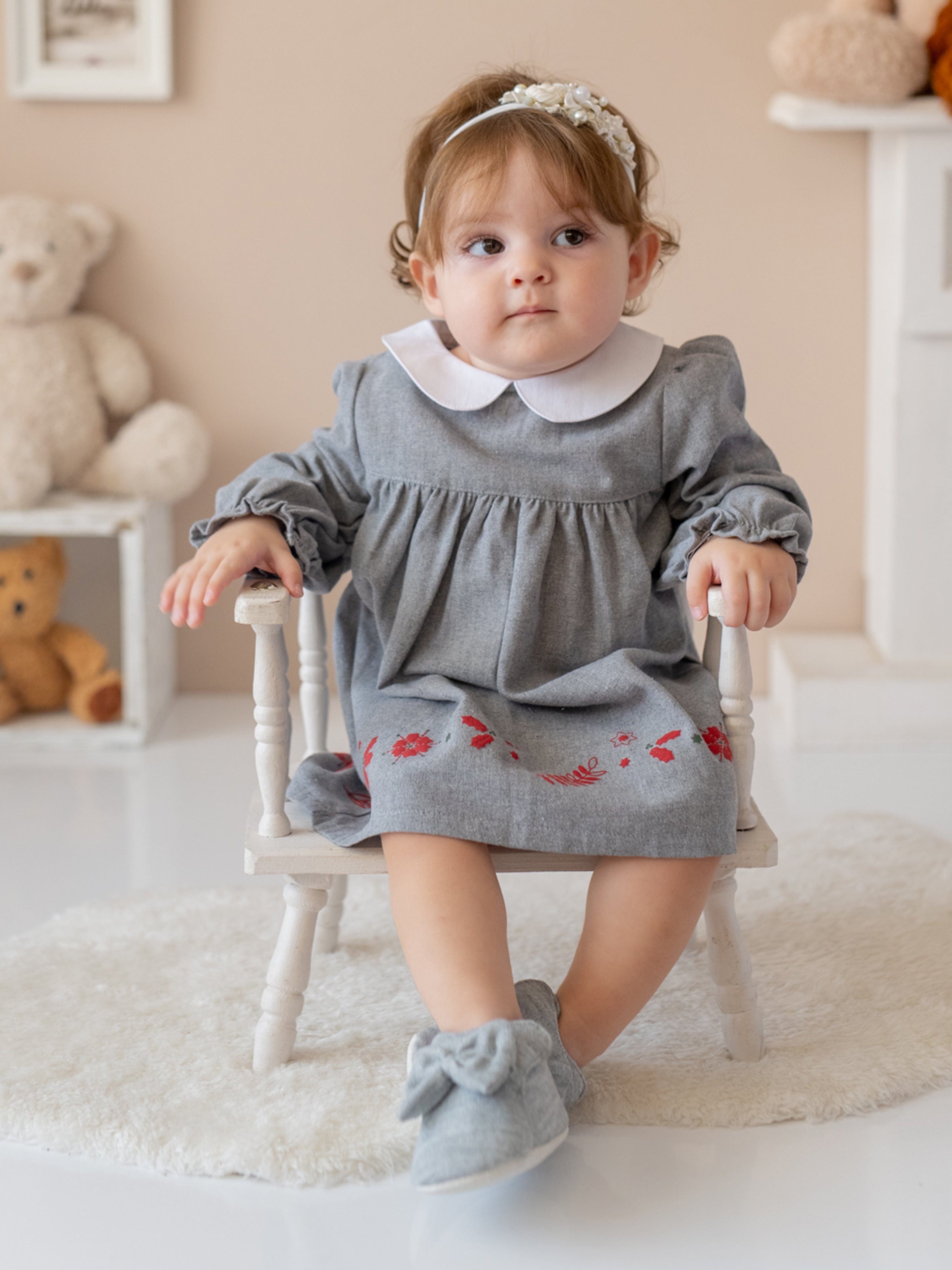 Mininio Baby Girls Embroidered Woven Dress in Grey