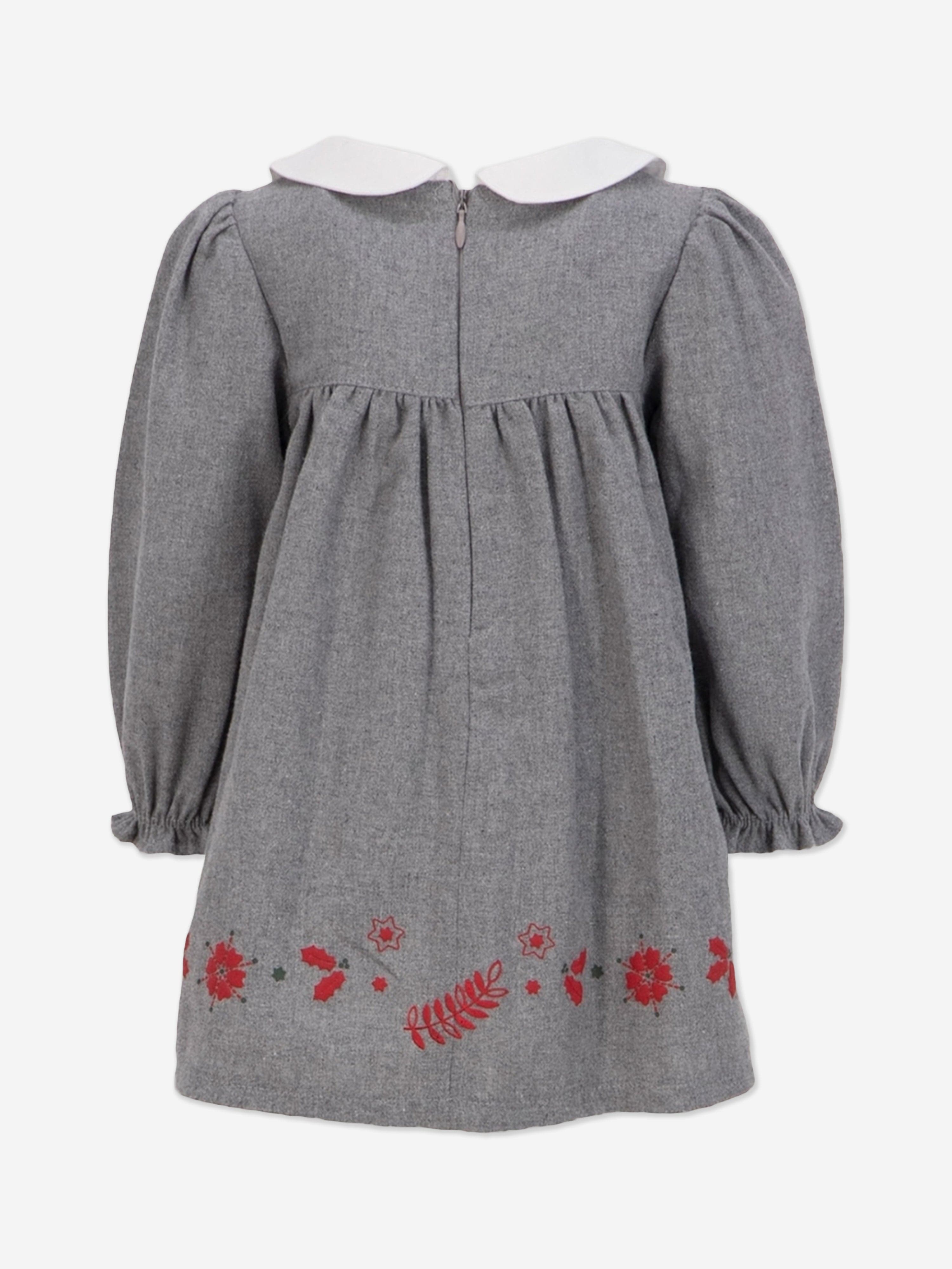 Mininio Baby Girls Embroidered Woven Dress in Grey