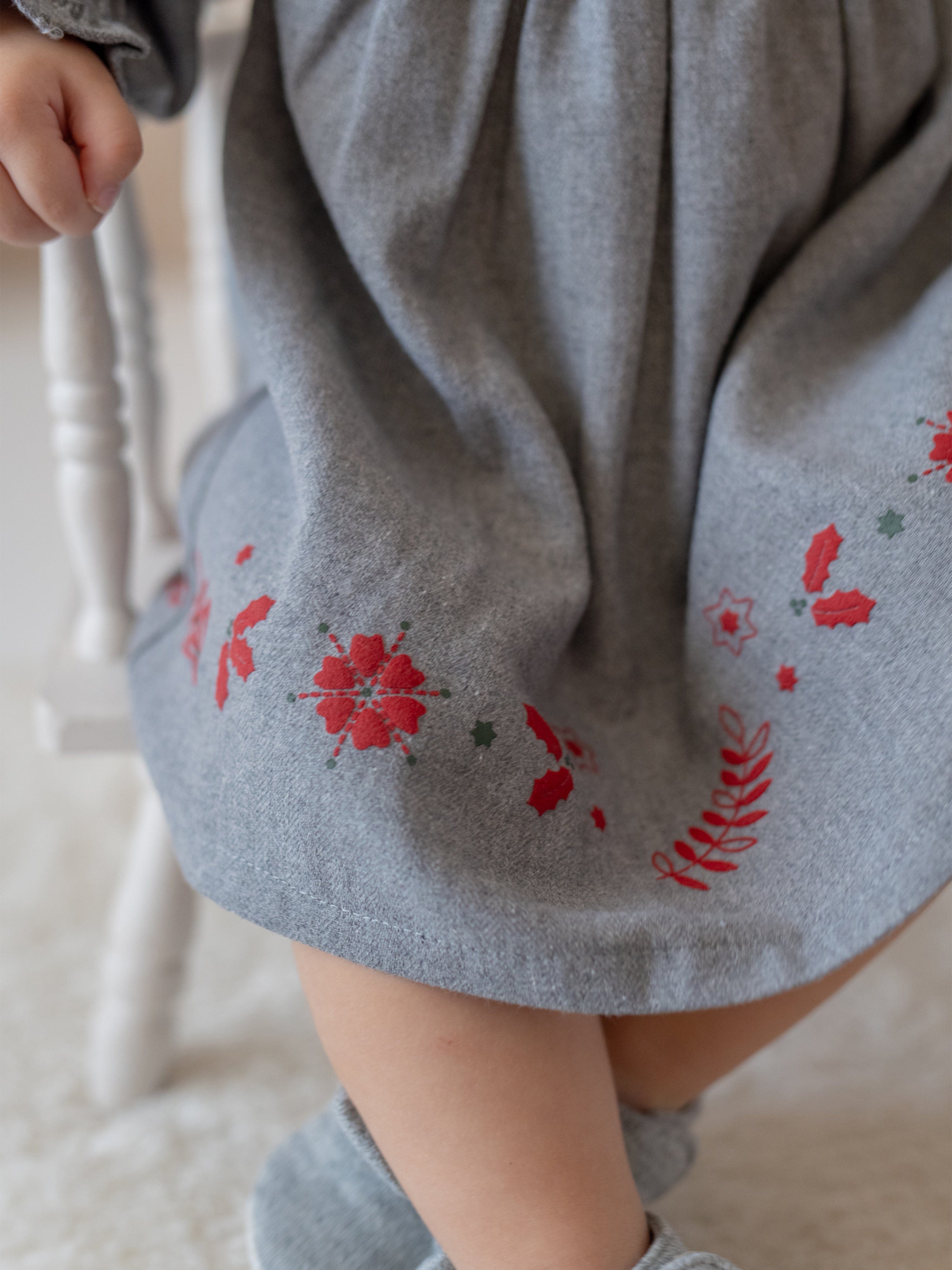 Mininio Baby Girls Embroidered Woven Dress in Grey
