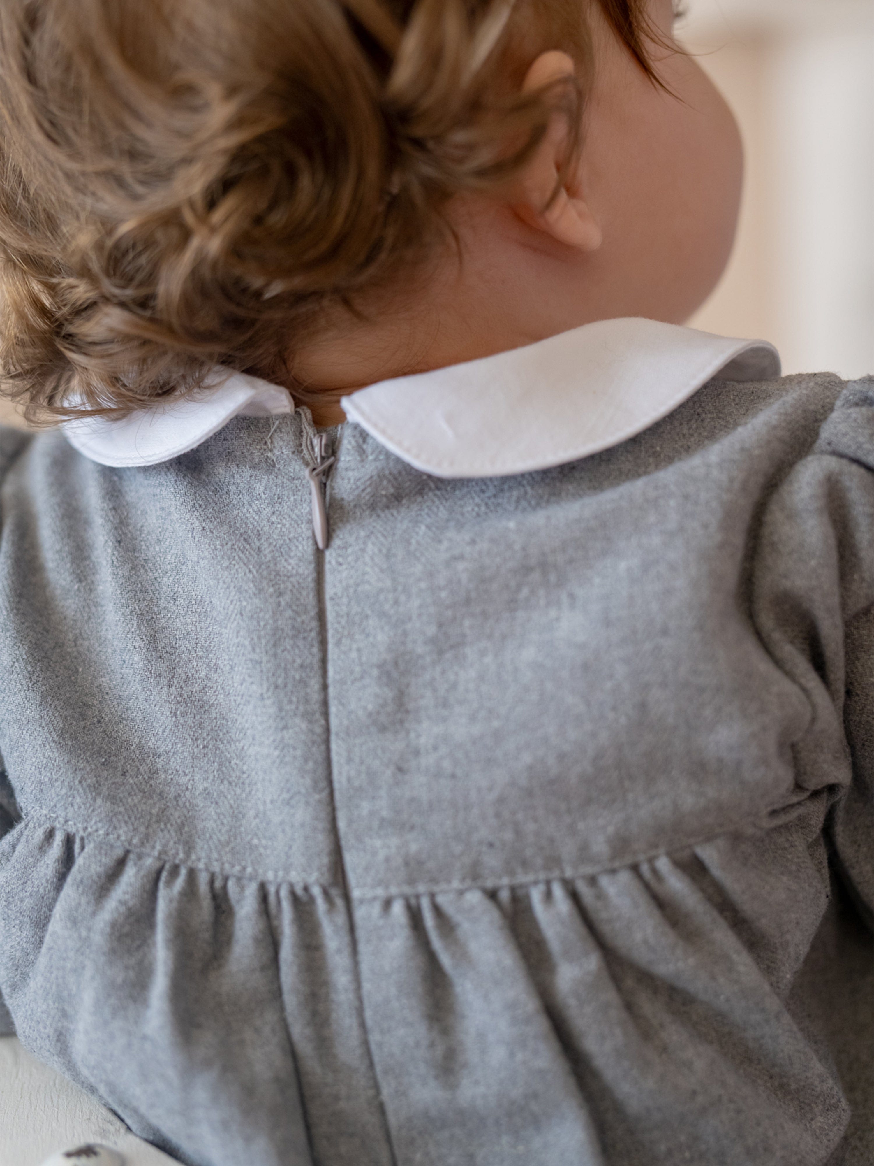 Mininio Baby Girls Embroidered Woven Dress in Grey