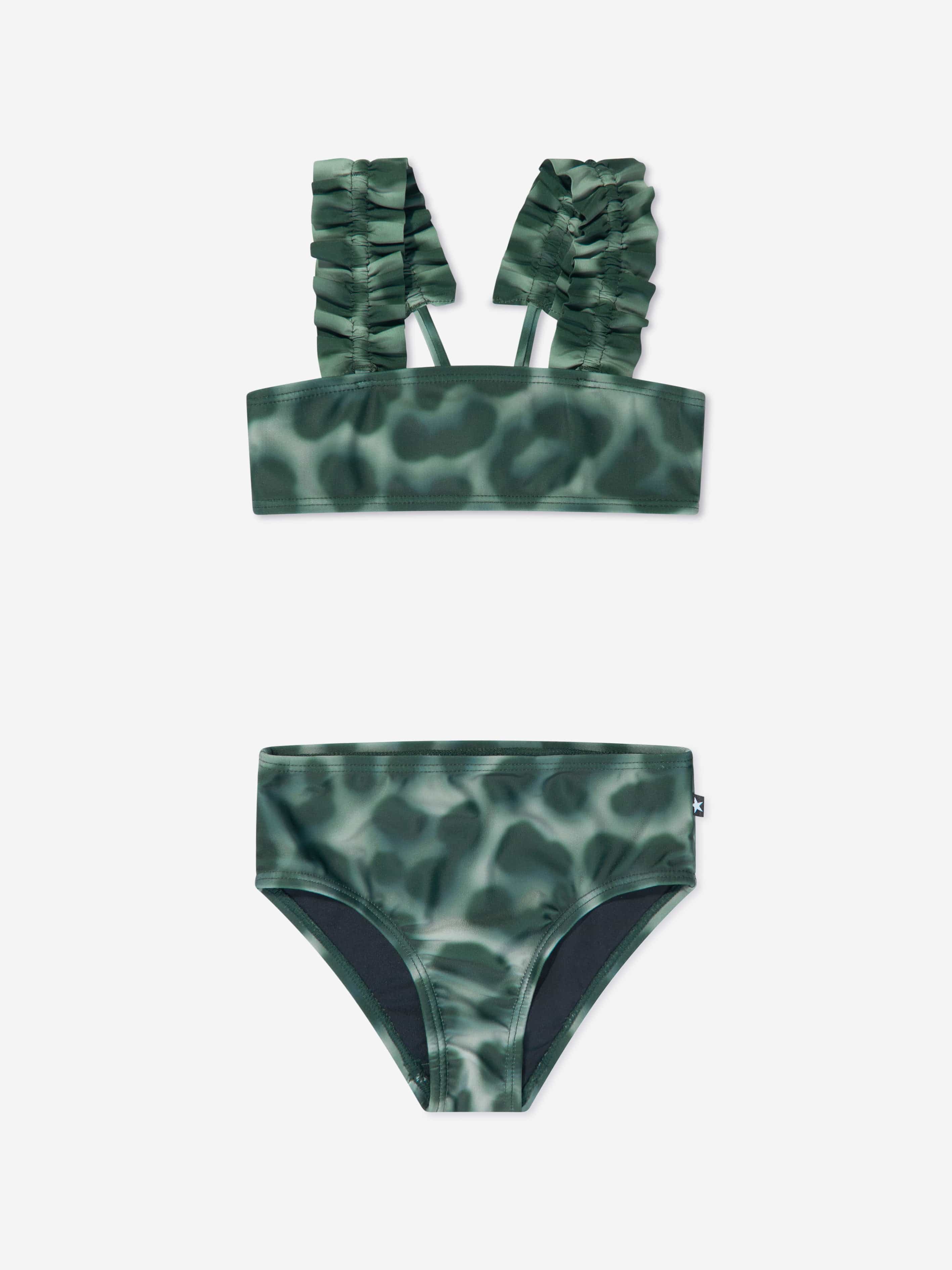 Molo Girls Leopard Print Ruffle Bikini In Green