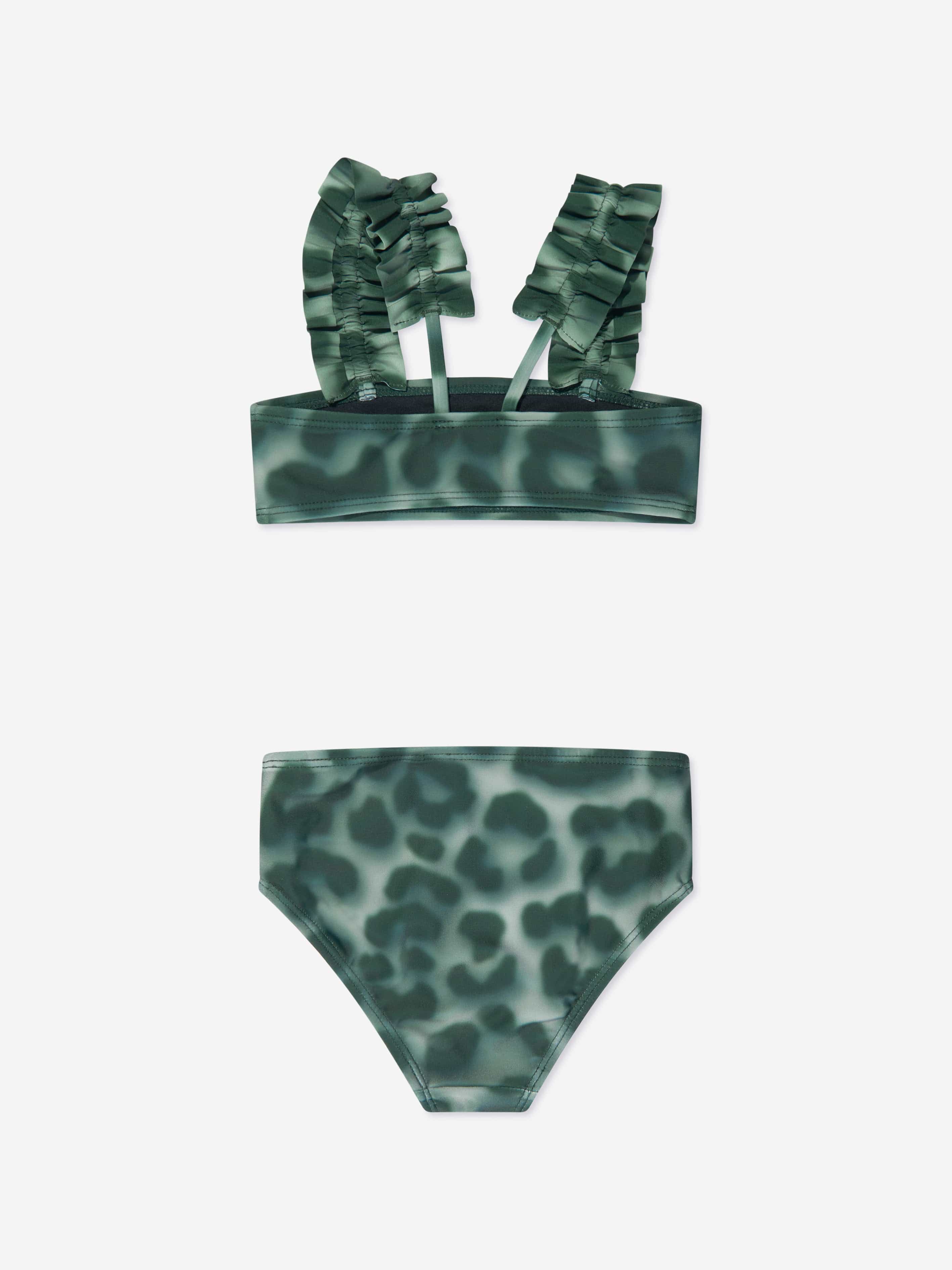 Molo Girls Leopard Print Ruffle Bikini In Green