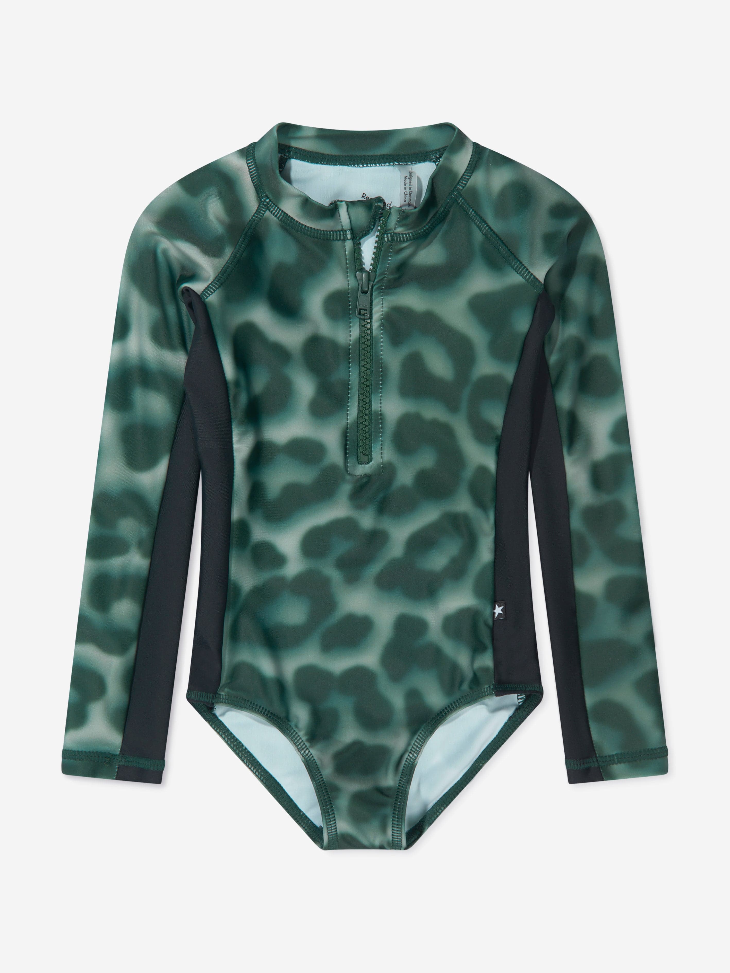 Molo Girls Long Sleeve Leopard Swimsuit In Green