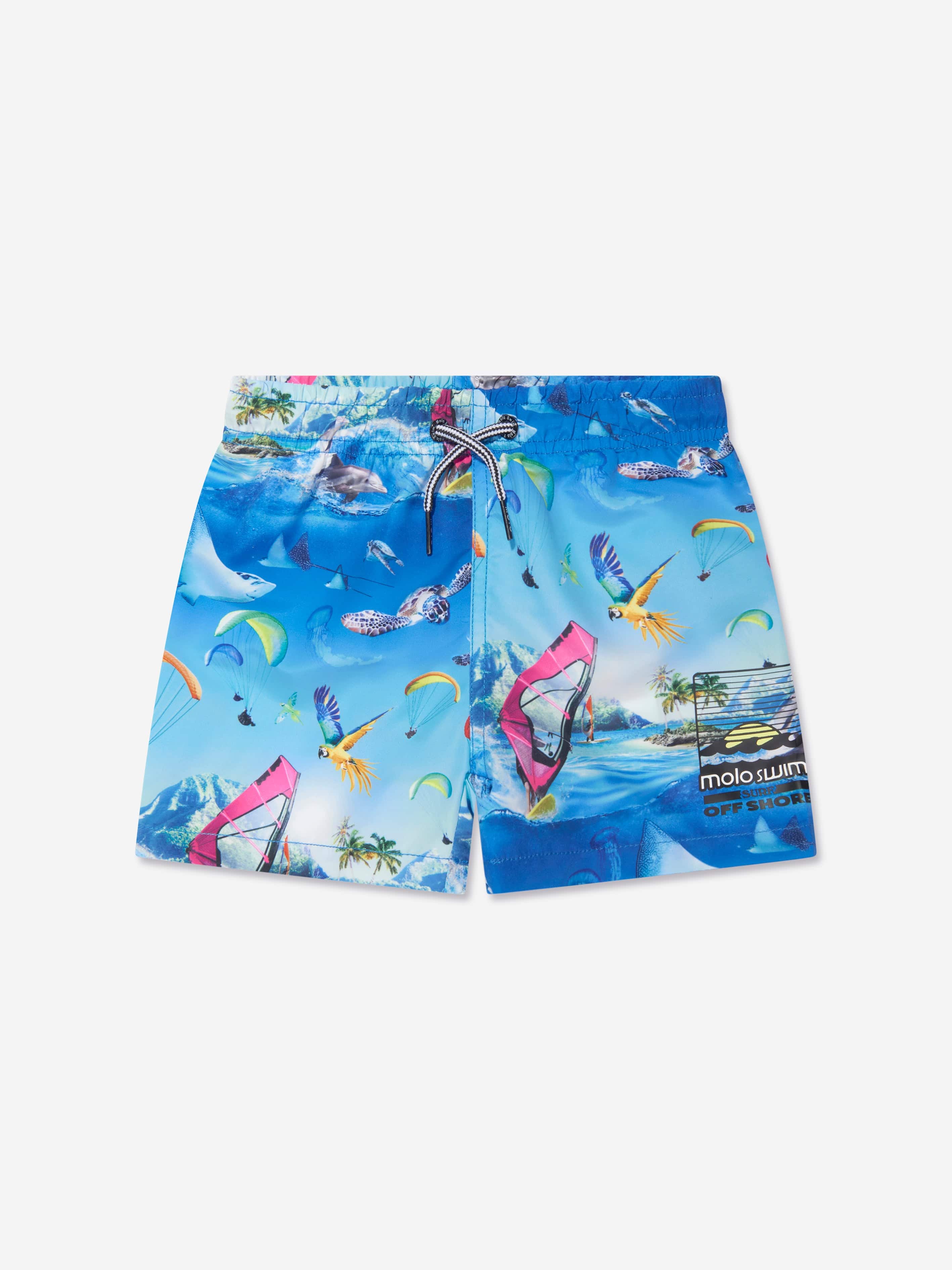 Molo Boys Ocean Print Niko Swim Shorts In Blue