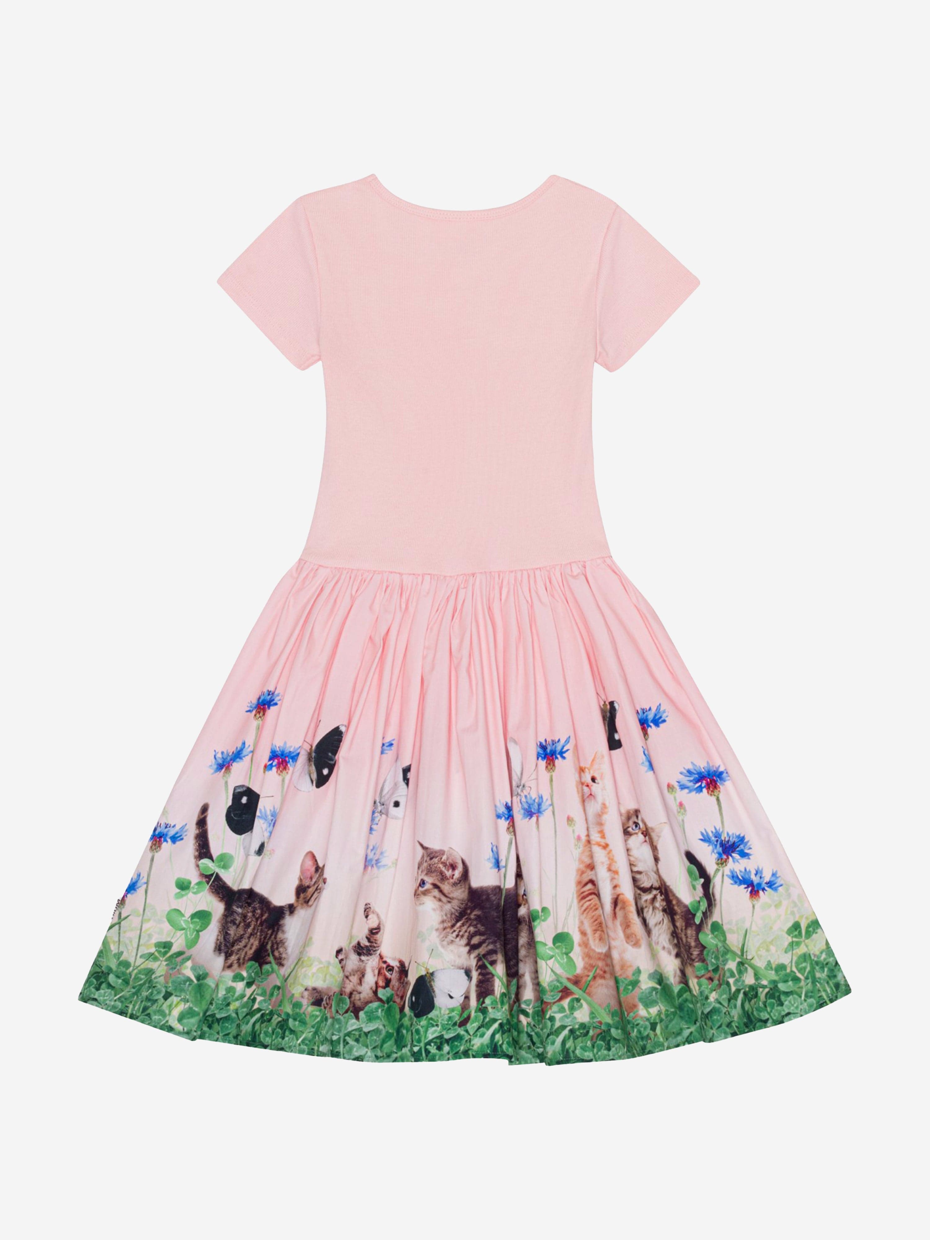 Molo Girls Yin Tang Kitten Print Dress in Pink