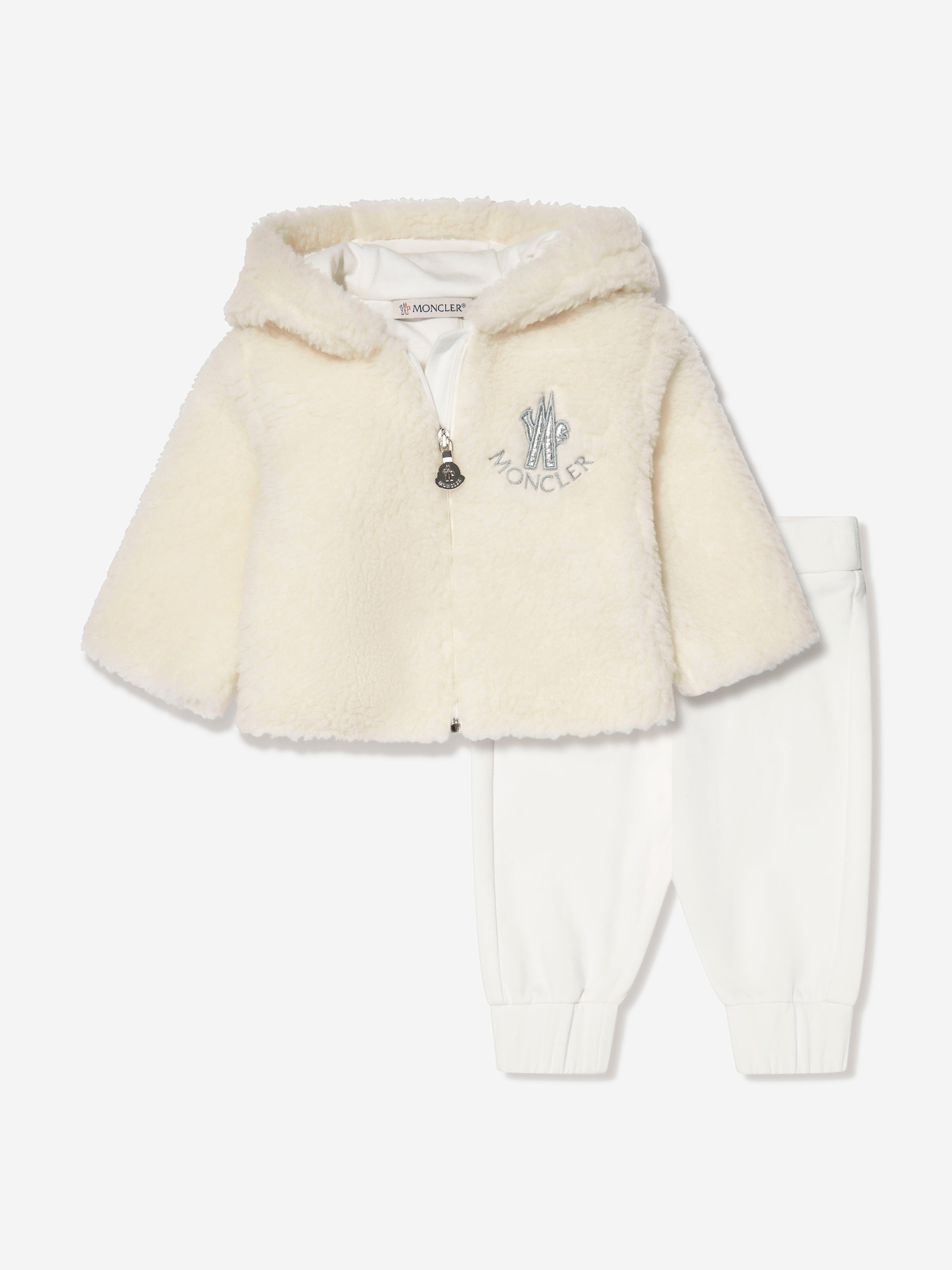 Moncler Enfant Baby Faux Fur Zip Up And Pants Set in Ivory