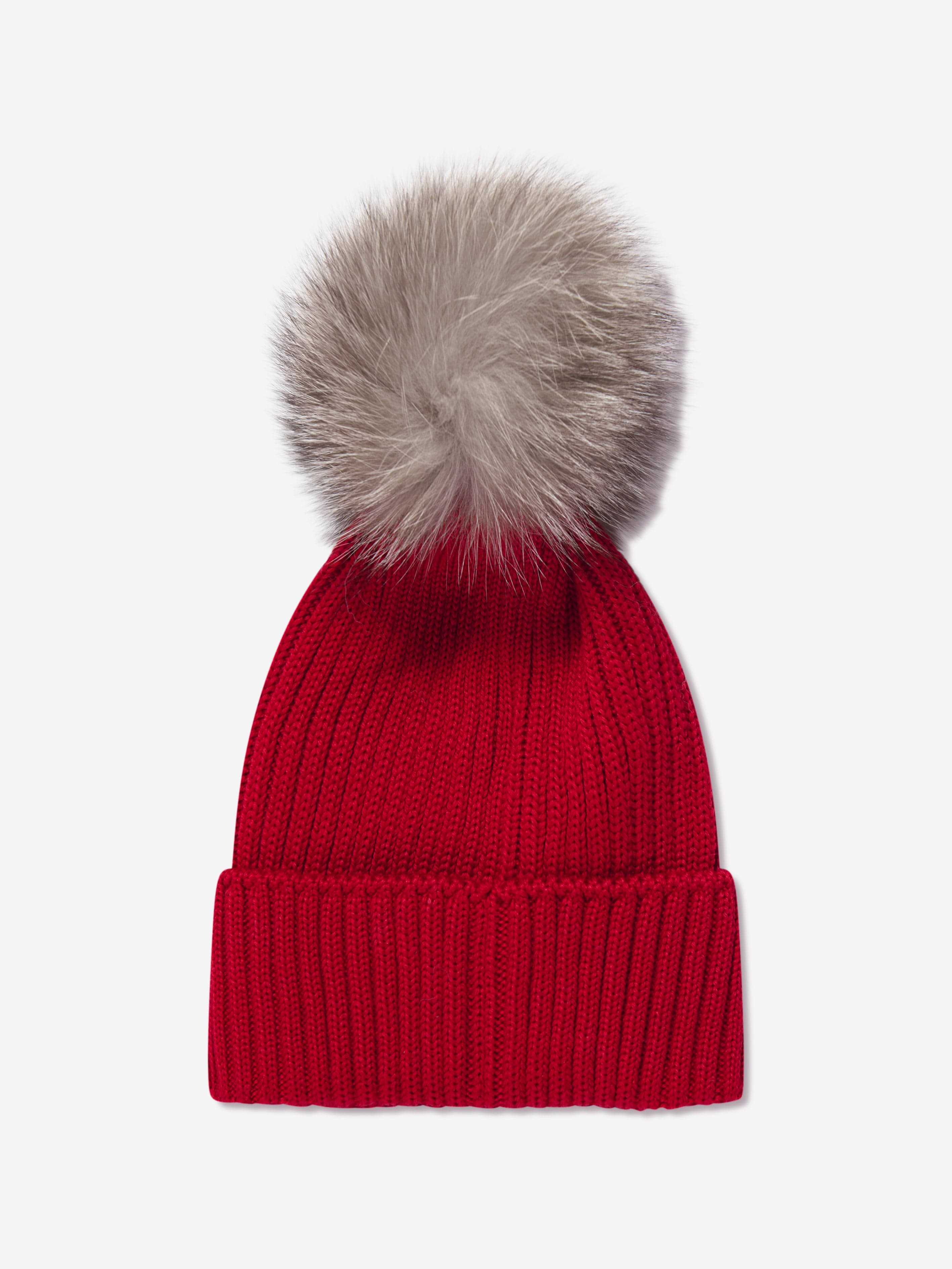 Moncler Enfant Girls Wool Pom Pom Hat in Red