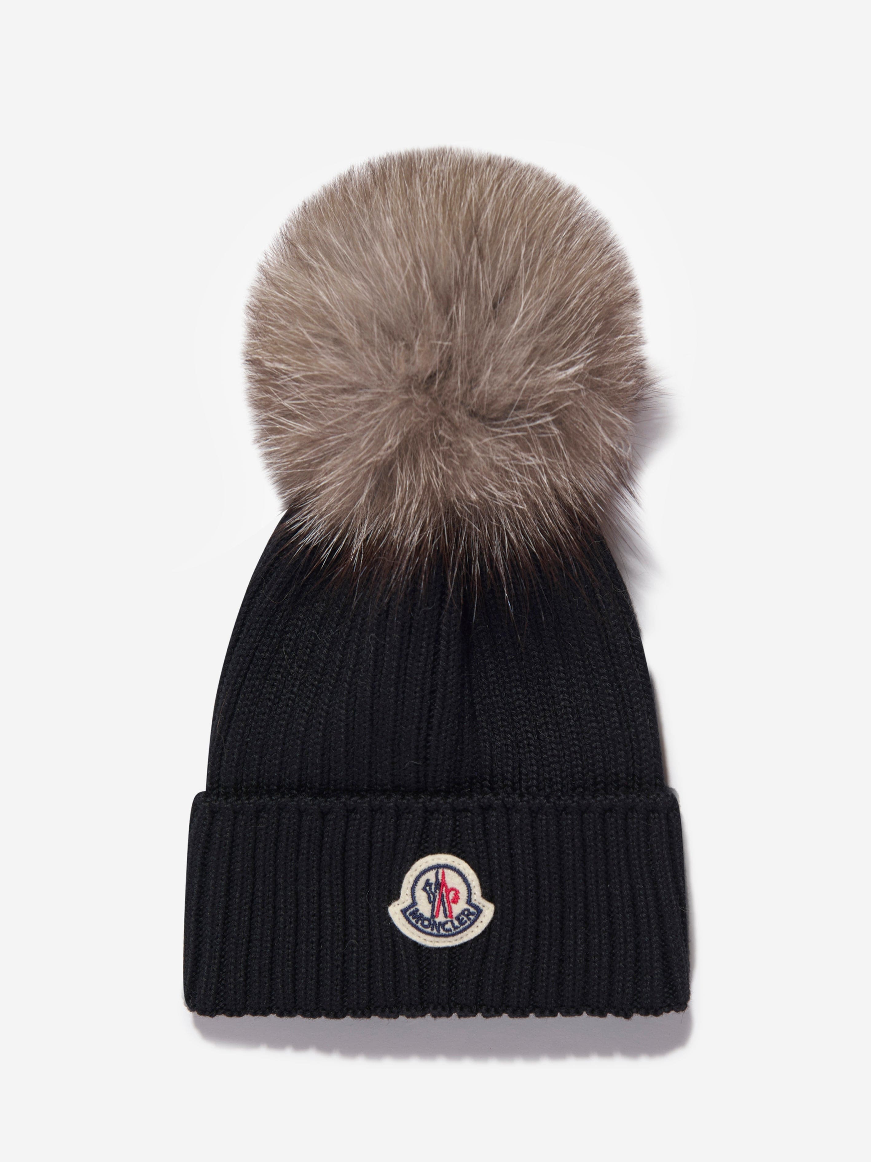 Moncler Enfant Girls Wool Pom Pom Hat in Black