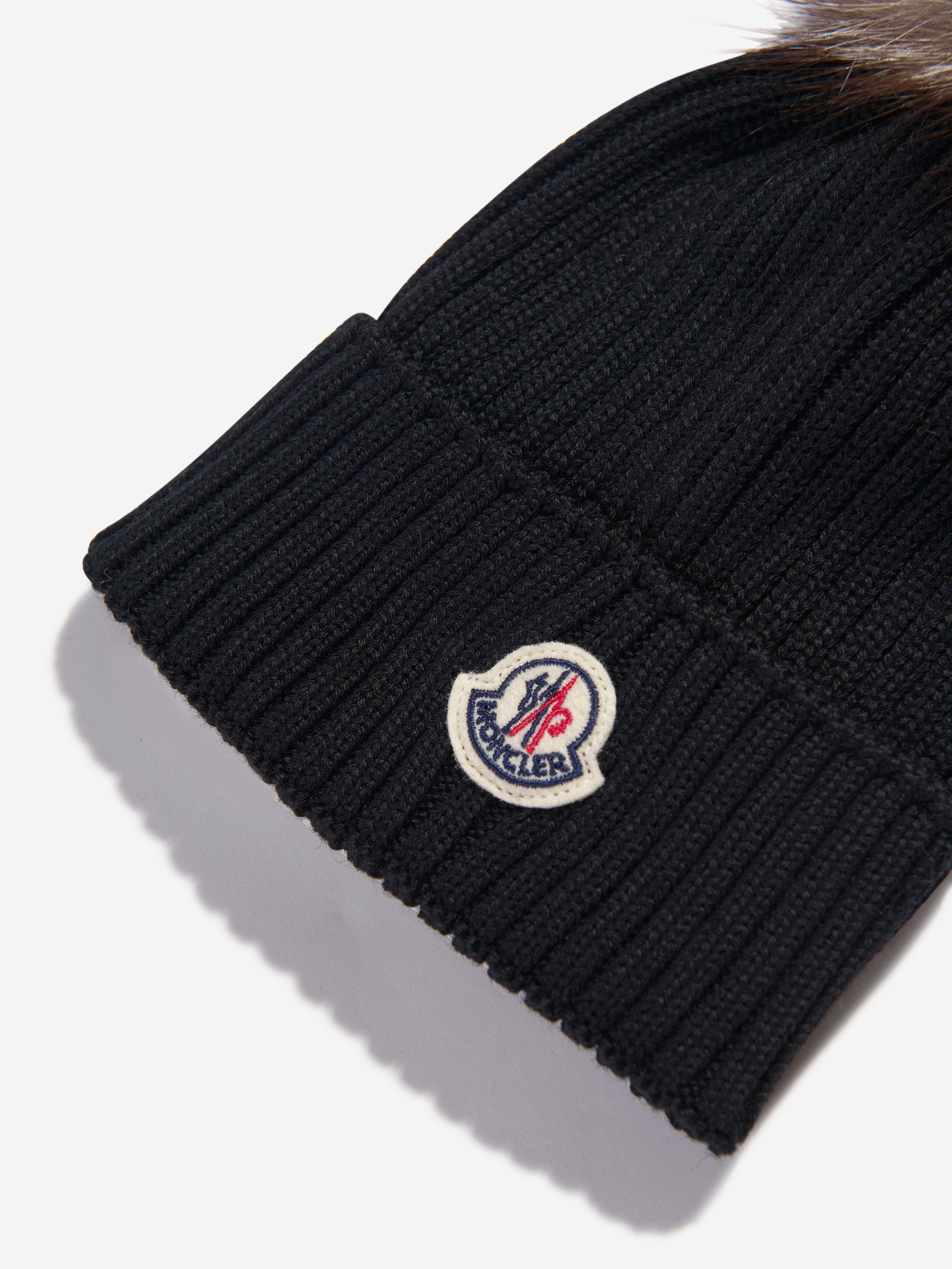 Moncler Enfant Girls Wool Pom Pom Hat in Black