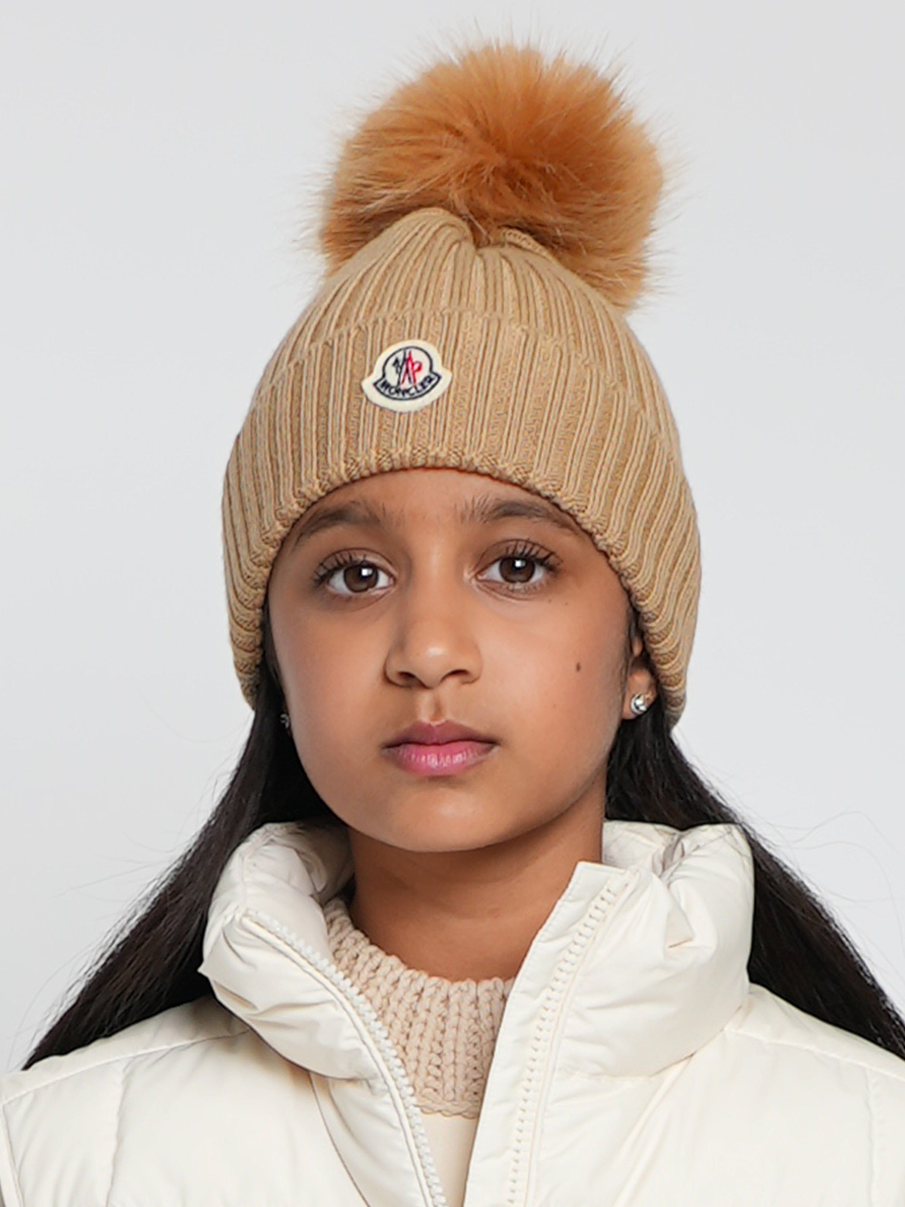 Moncler Enfant Girls Wool Pom Pom Hat in Brown