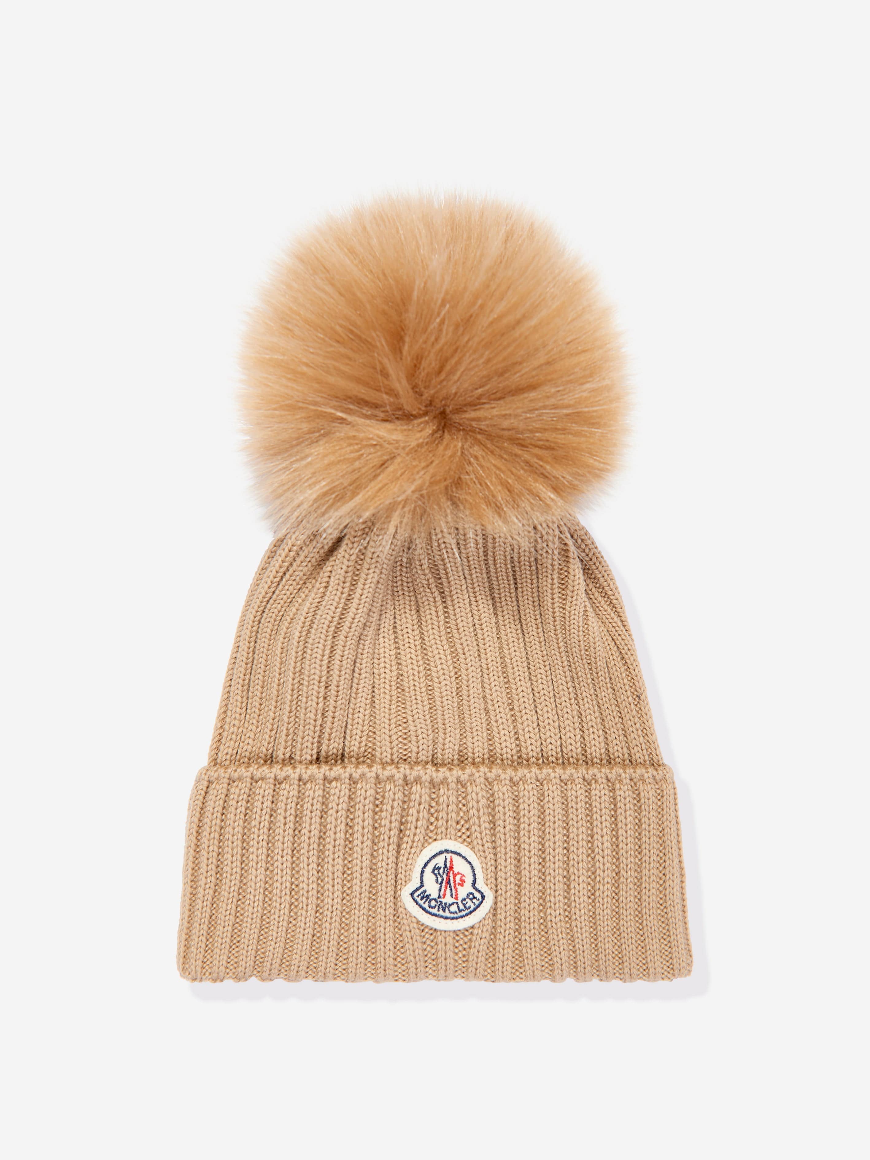 Moncler Enfant Girls Wool Pom Pom Hat in Brown