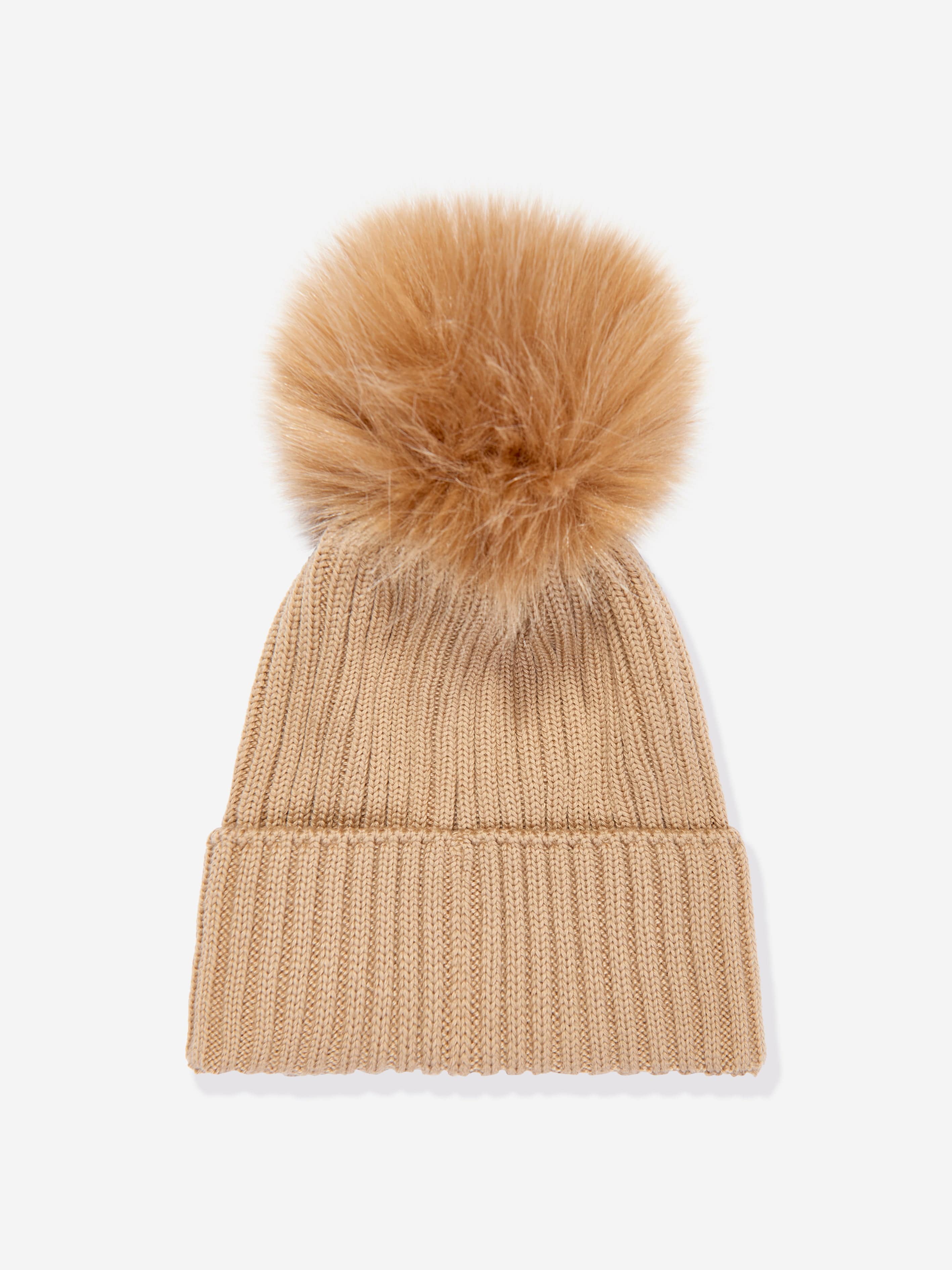 Moncler Enfant Girls Wool Pom Pom Hat in Brown