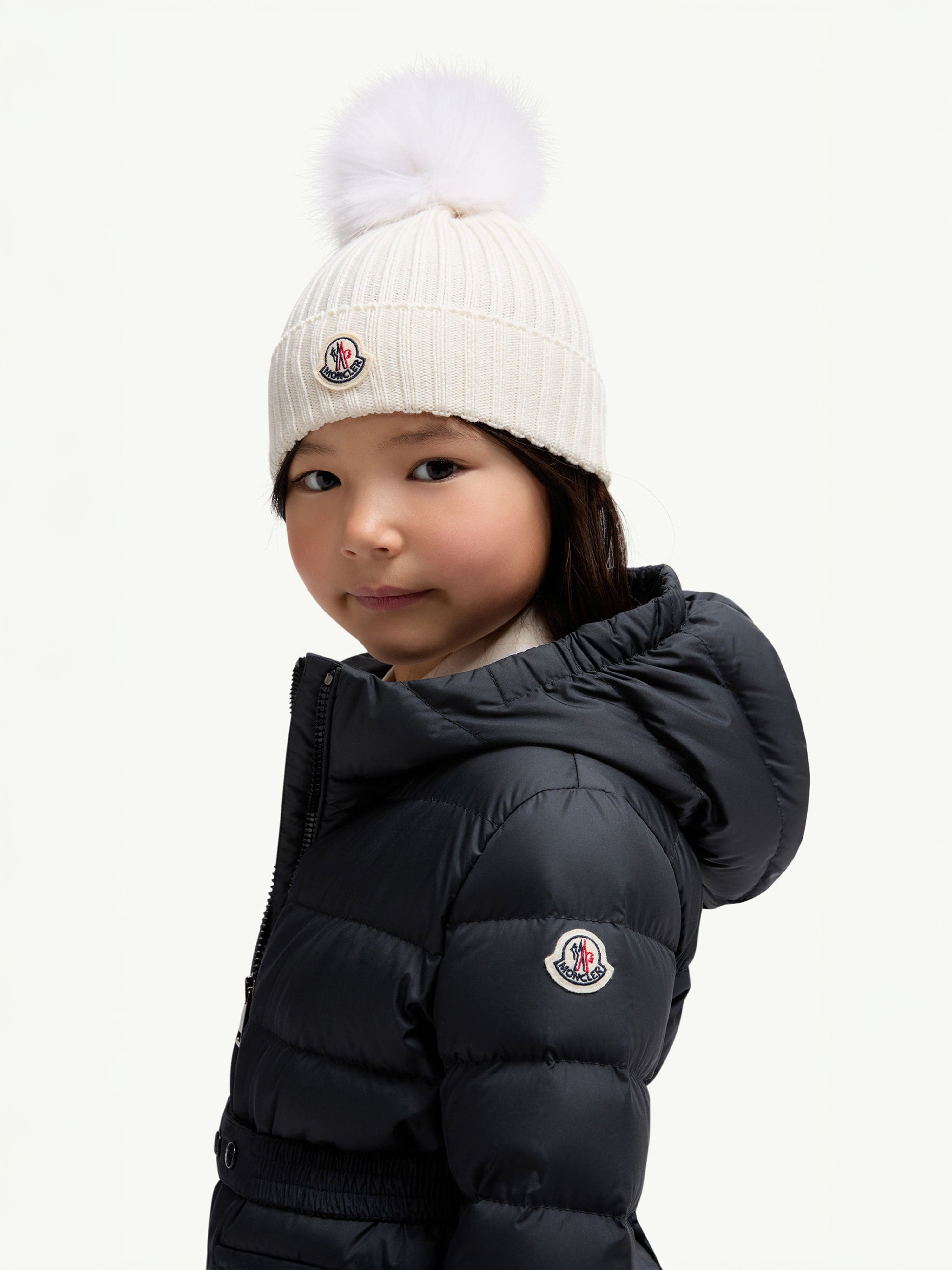 Moncler Enfant Girls Knitted Pom Pom Hat in Ivory