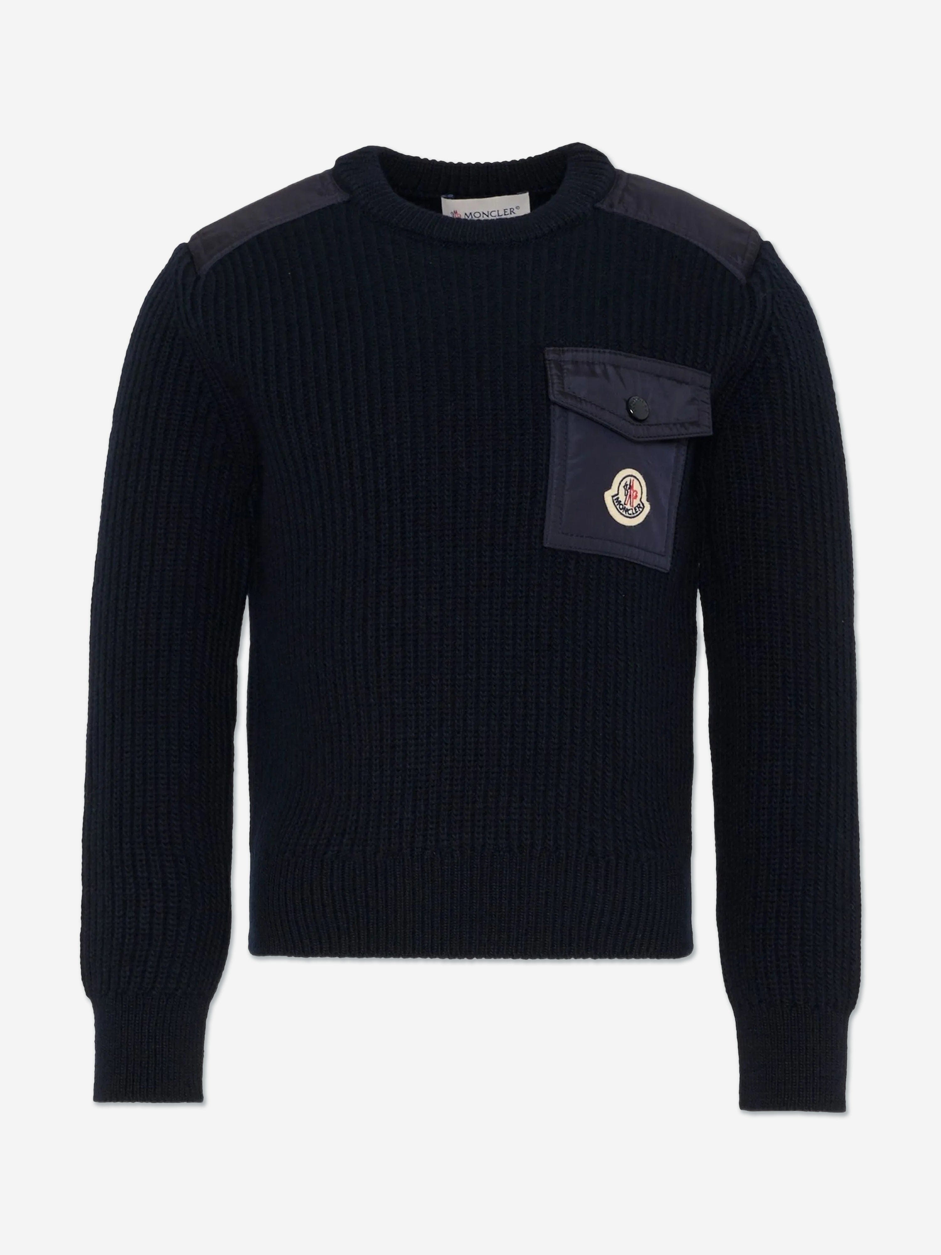 Moncler Enfant Boys Wool Logo Pocket Jumper in Navy