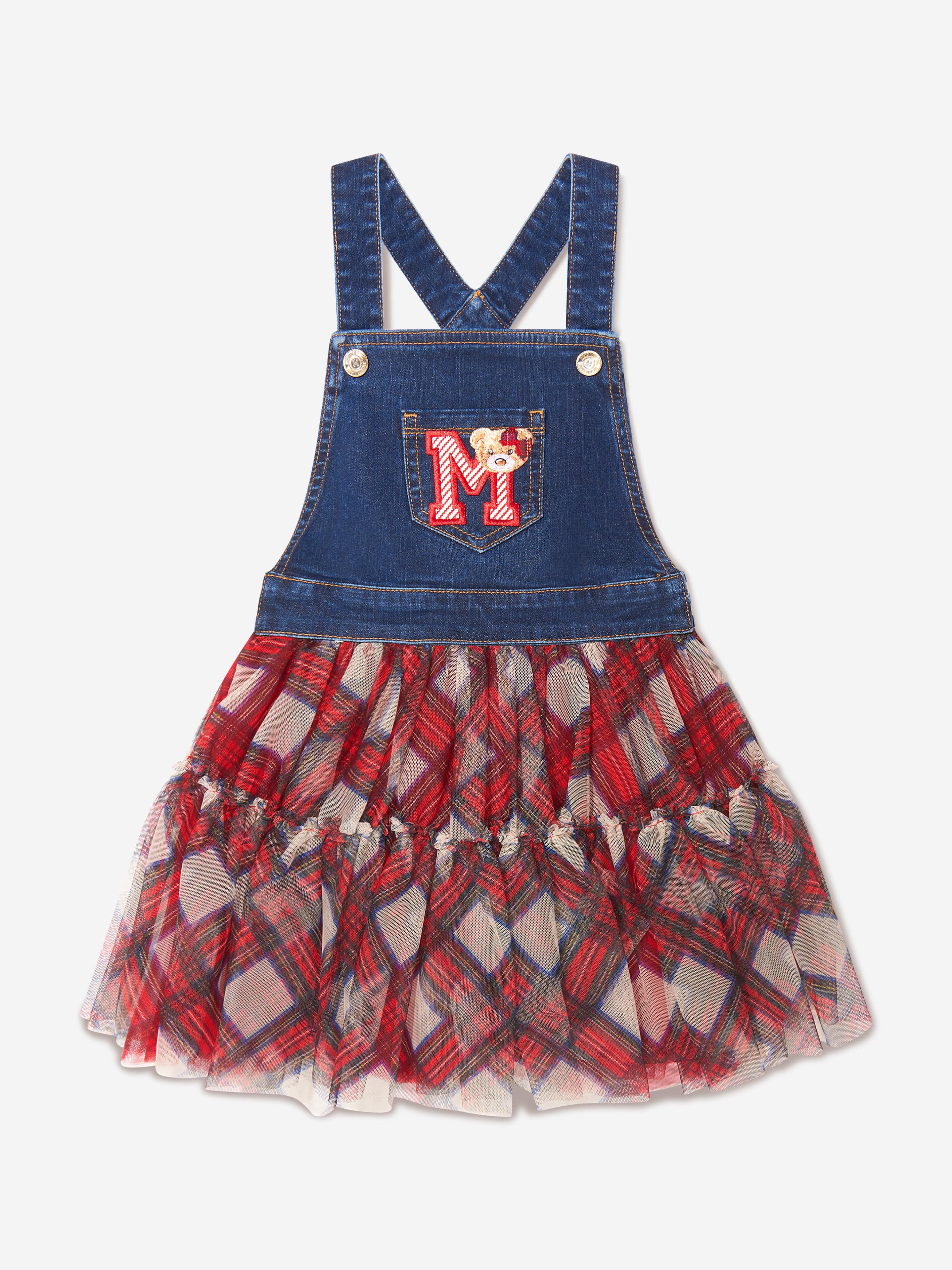 Monnalisa Girls Denim And Tulle Dungaree Dress