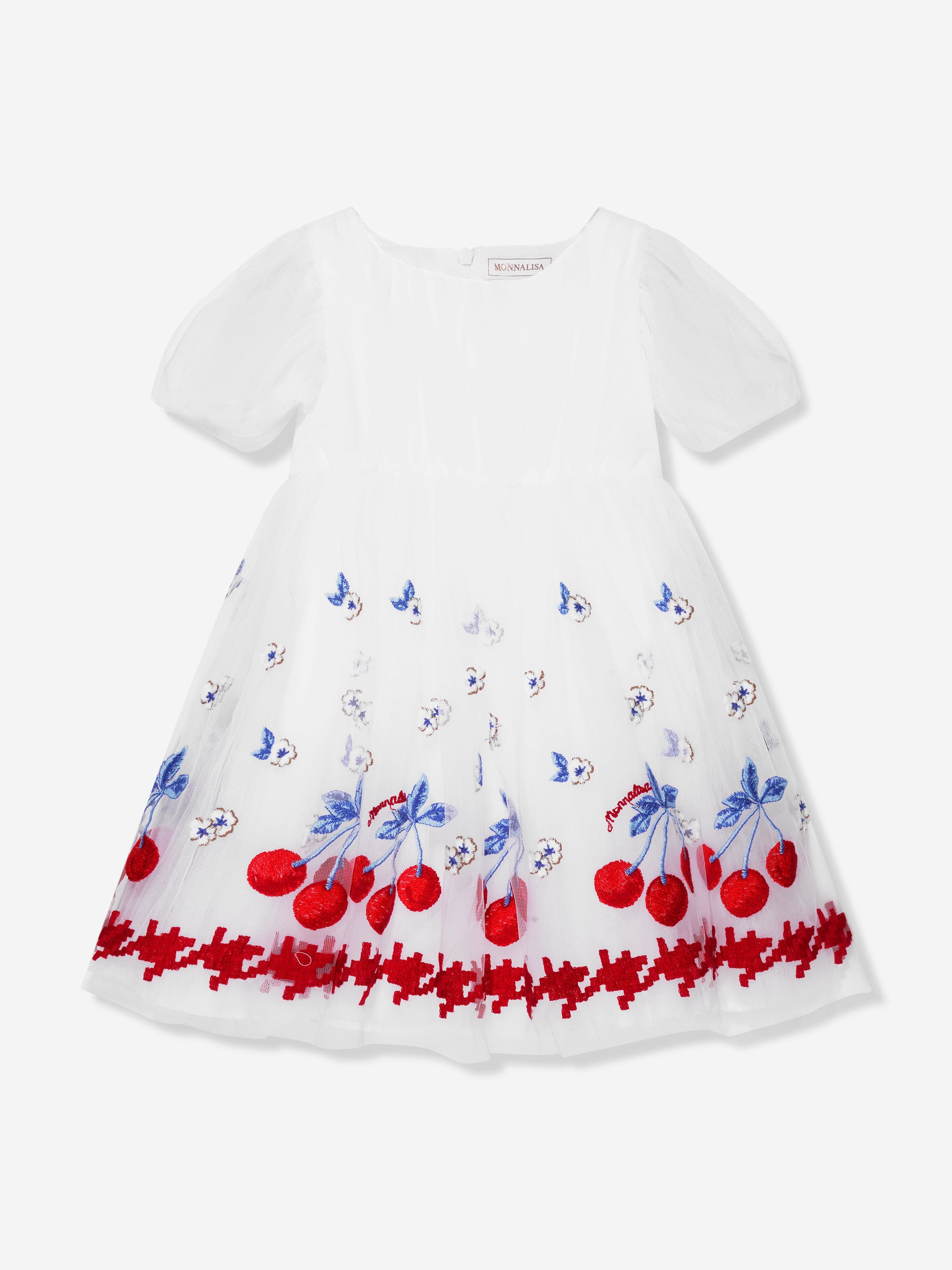 Monnalisa Girls Embroidered Cherry Tulle Dress In White